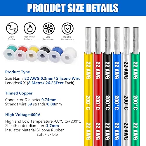 Miniatura 5 de Cable eléctrico de silicona calibre 22 Cable-HuLuWa 22 AWG Kit de cables de conexión de 6 colores (26.25 pies cada uno) alambre de cobre estañado