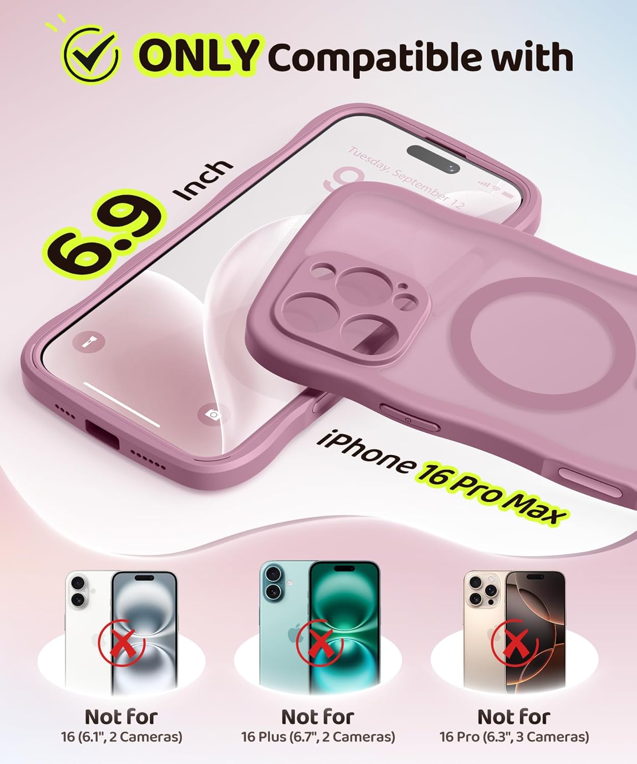 BERFY for iPhone 16 Pro Max Case for Women Girls, [Compatible with MagSafe][Built-in Glass Screen Protector and Camera Protection] Cute Wave Matte Phone Case for iPhone 16 Pro Max 6.9", Palevioletred - Image 7