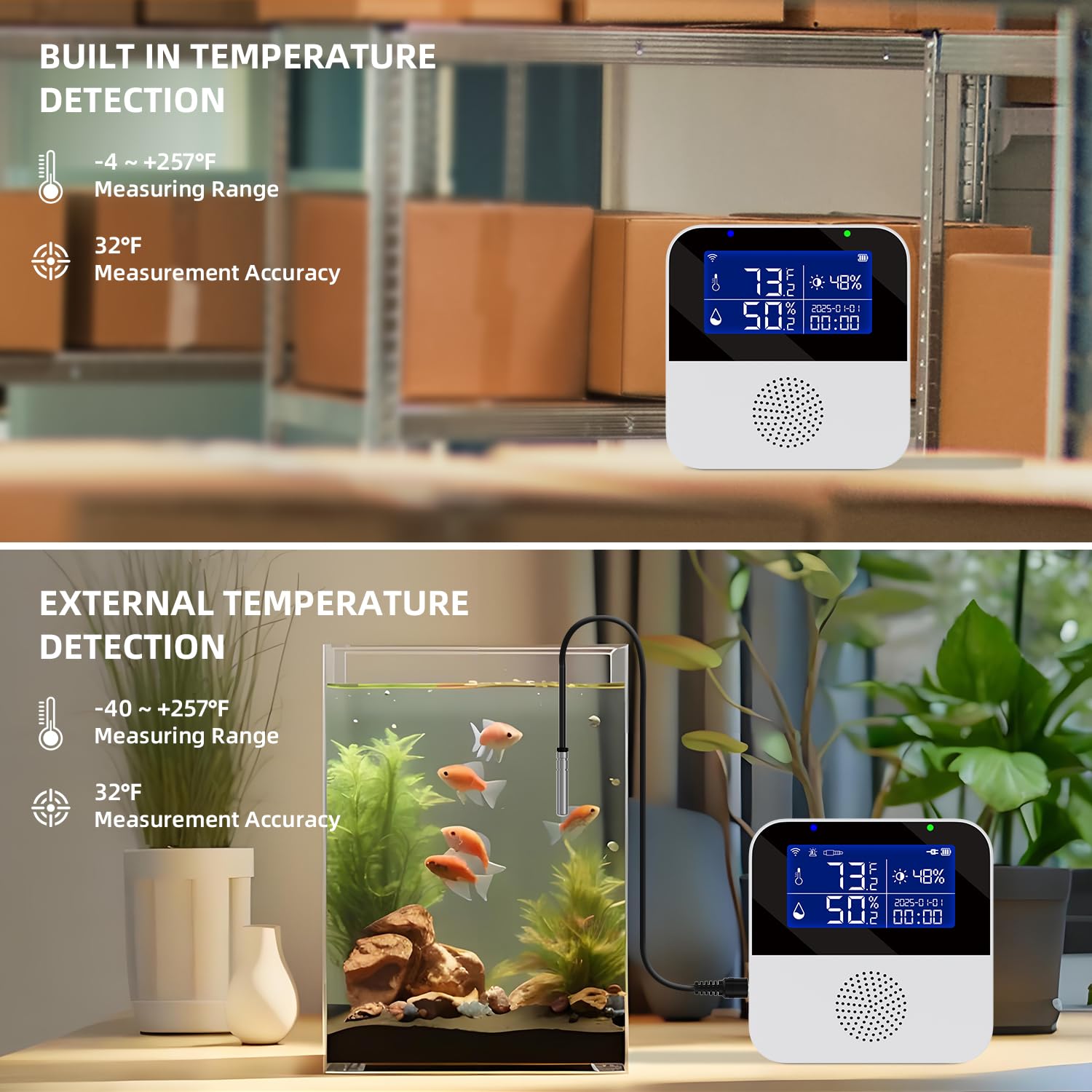Tuya Capteur de température WiFi avec sonde externe étanche, moniteur intelligent de température et d'humidité avec écran LCD rétroéclairé, alarme buzzer et alerte de notification d'application