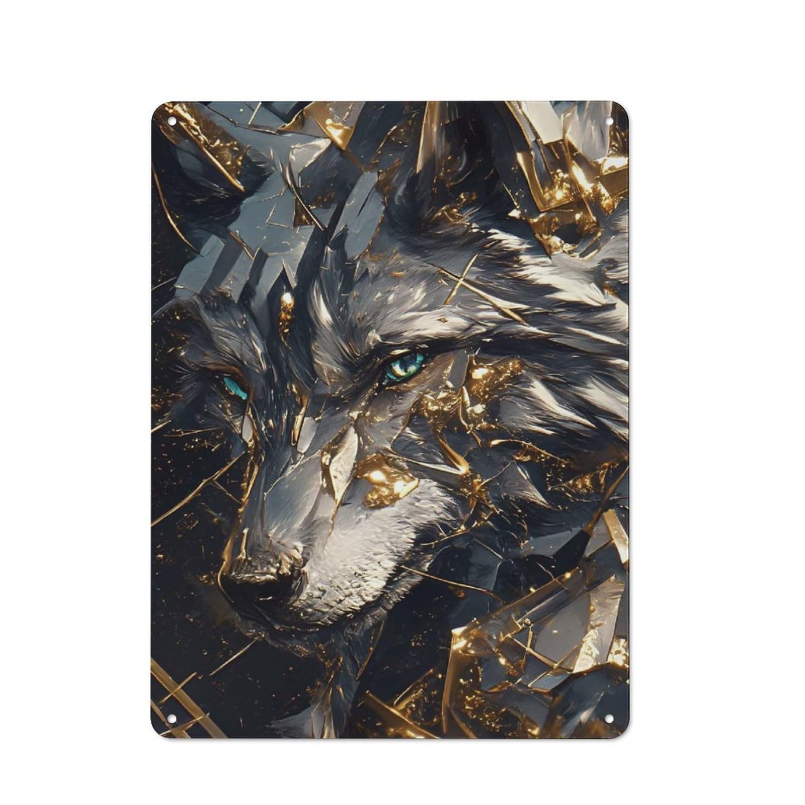 Junmoney Style-14 Retro Abstract Wolf With Golden Accents Decorative Metal Plaque 40X30cm, Shed Wall Plaque For Tool Room, Garage, Studio Or Home Bar