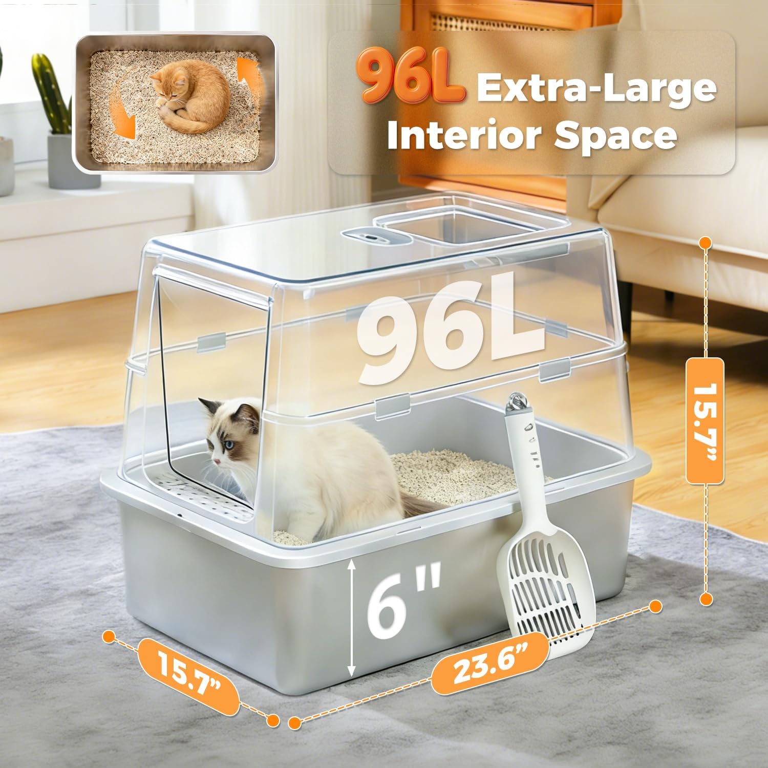 MUTTROS Extra Large Stainless Steel Litter Box with Lid & Odor Control, 3-in-1 Cat Litter Box with High-Sided for Big Cats & Multi-Cats, Non-Stick Metal Pan, Front Entry Top Exit, Includes Scoop, Grey