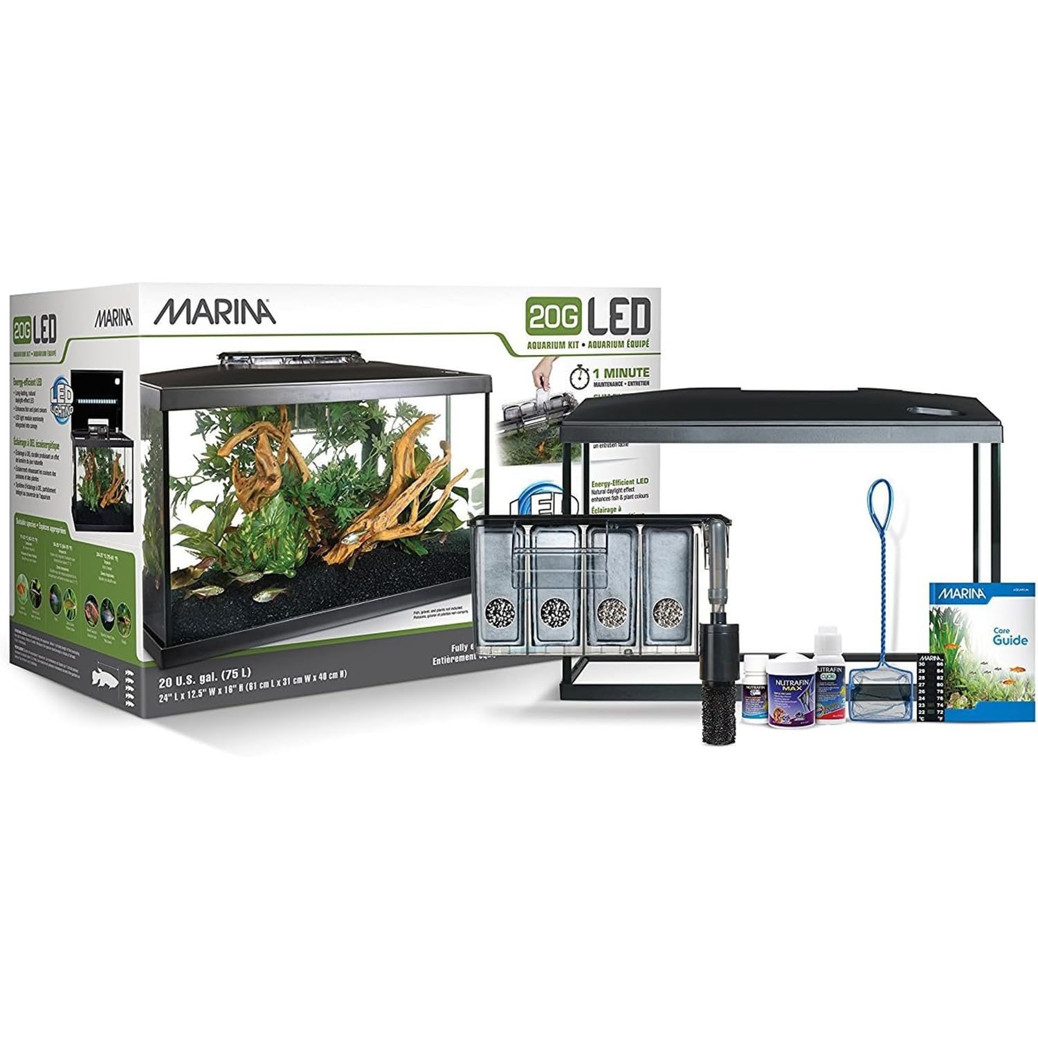 Marina - Kit de Acuario con Iluminación LED, Vidrio, Transparente, 20G, 75 L, 61.4 x 32.2 x 41.9 cm