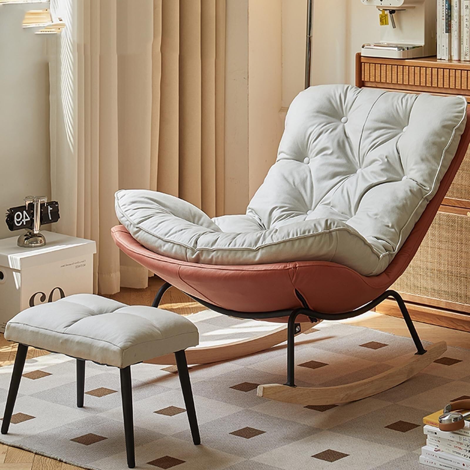 YXCUIDPTechnology Cloth Rocking Chair Living Room Bedroom Accent Rocking Chair Steel Legs Relax Chair with Soft Padded,Ergonomic Design(Orangeb,B)