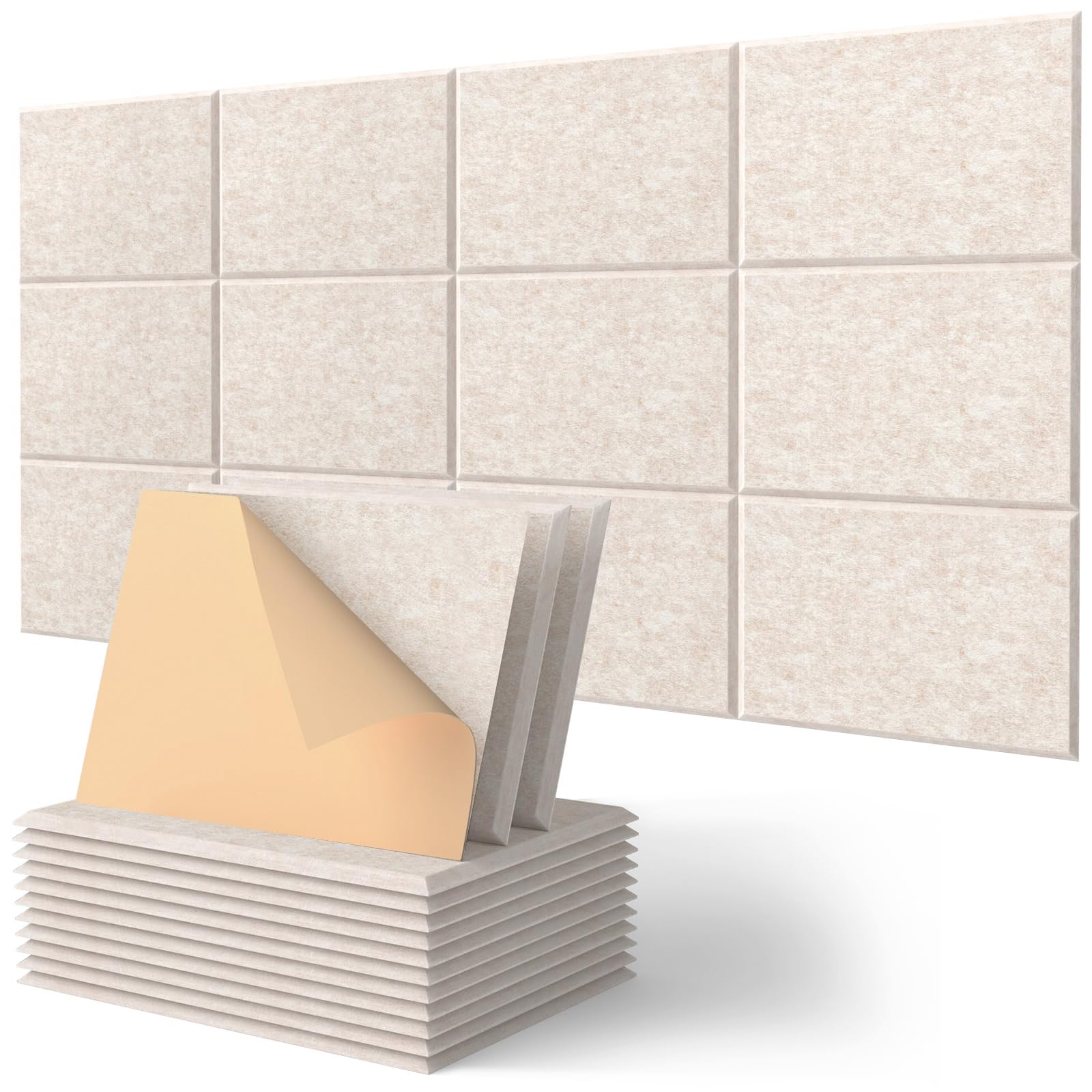 Kuchoow Paneles Acusticos Rectangular Decorativos Pared Autoadhesivo, 12 piezas placas acustica pared y reducción de sonido eco para habitación, salon, puerta y techo, 40 x 30 x 0,9 cm, Beige