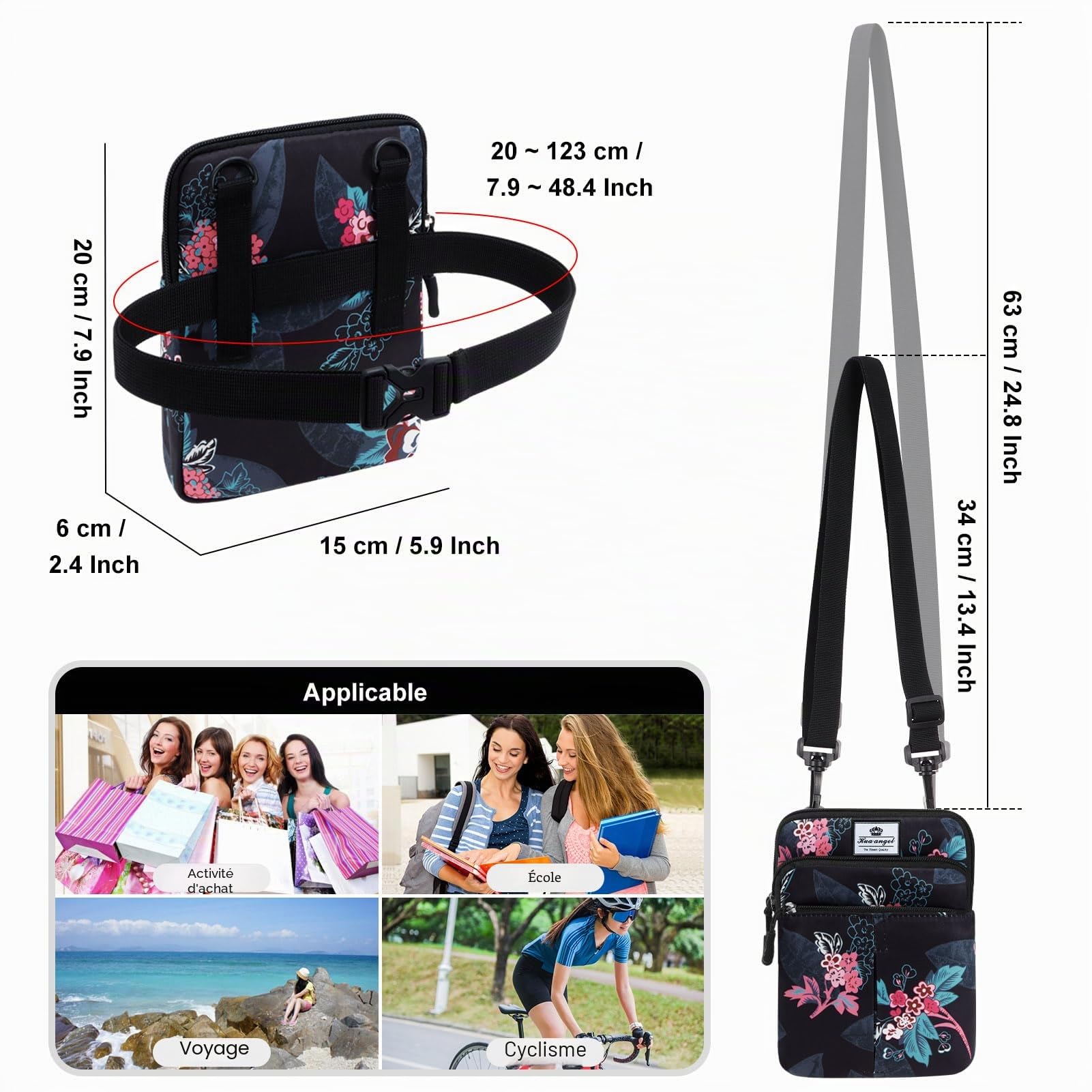 HUA ANGEL Petit Sac Bandouliere Femme Léger Sac Ceinture Multicolore Sac Banane Sangle Interchangeable Homme Femme Jogging Vélo Sport Voyage