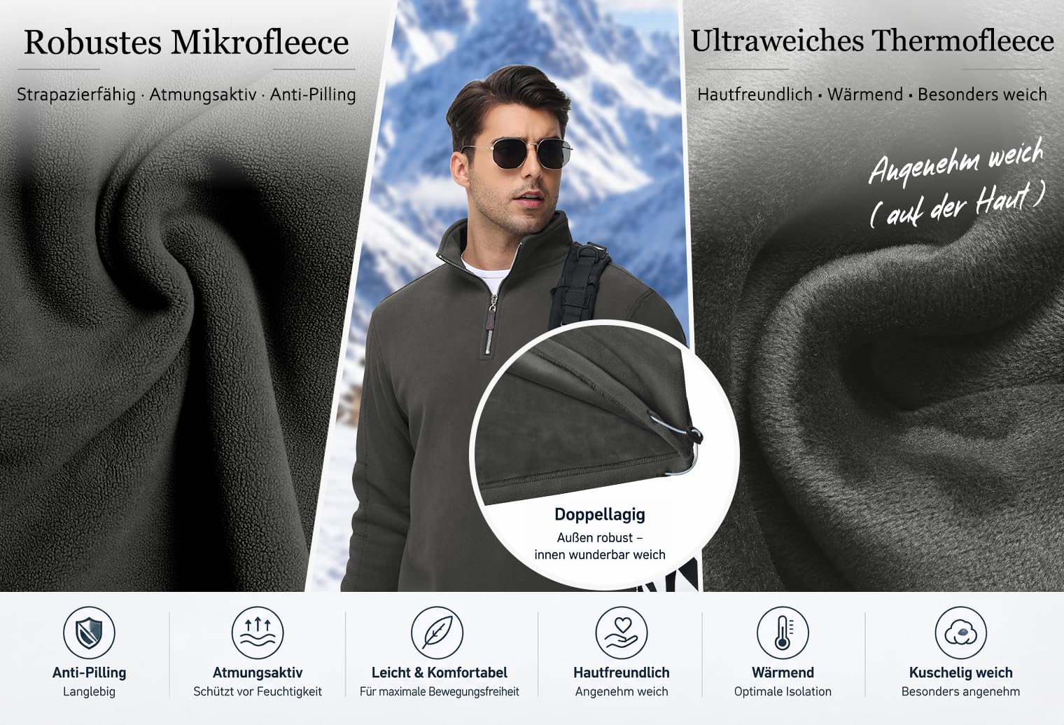 Livonmone Pull en polaire pour homme - Micro polaire chaud - Demi-fermeture éclair - Pour l'automne et l'hiver