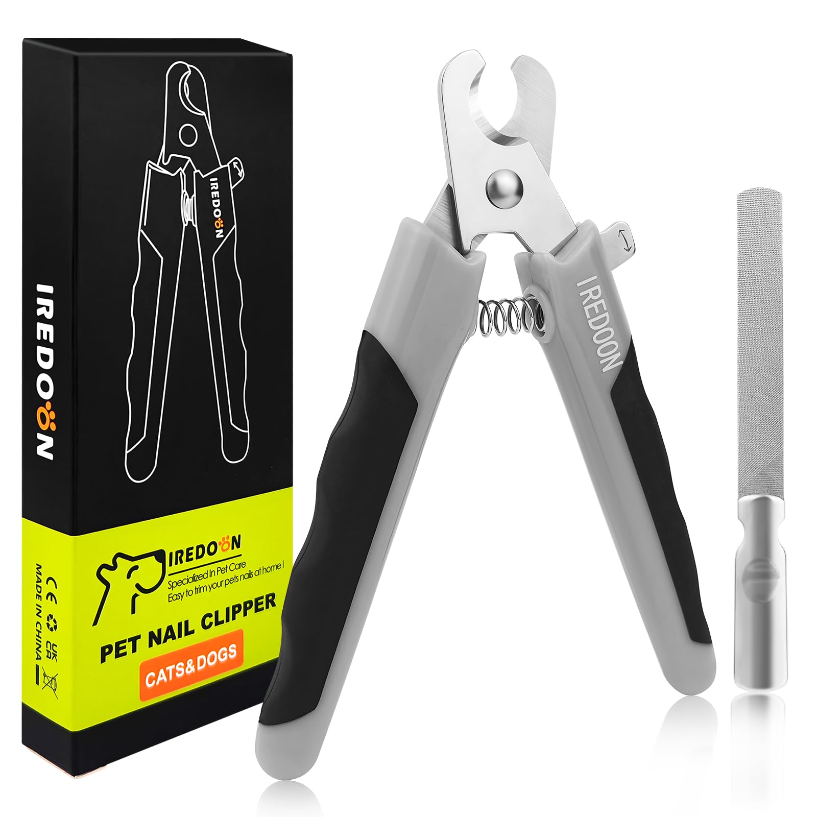 IREDOON Dog Nail Clippers and Trimmers with Nail File, Ultra-Sharp 4CR13 Professional Stainless Steel Blades Pet Grooming Nail Clippers for Small Medium-Large Breeds (GREY)