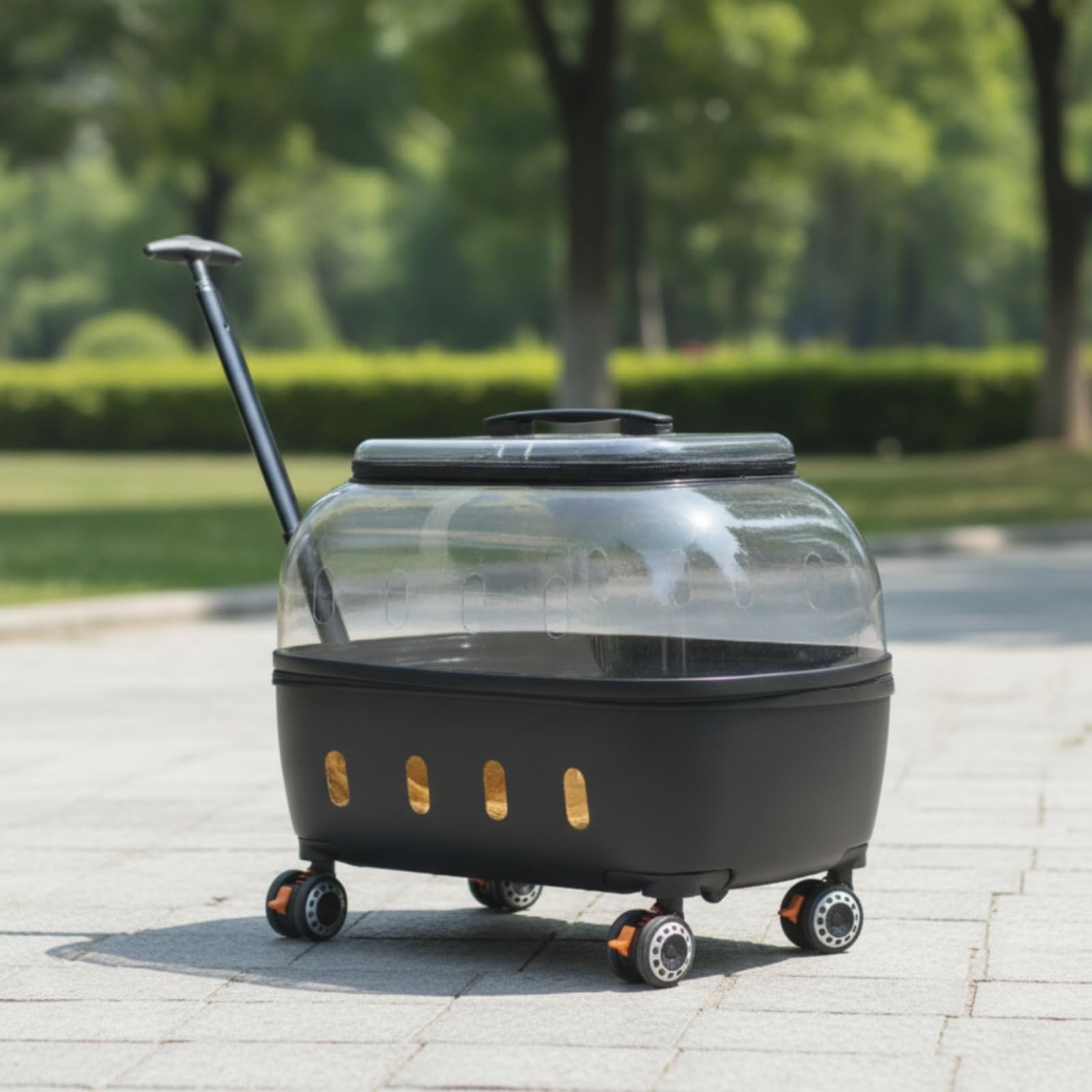 Transportkoffer Haustier Rollkoffer Rucksack Koffer mit Kuppel Polycarbonat Zugstange Und 4 Rollen Atmungsaktive Seiten Und Top Reißverschlussöffnung, Dunkelgrau