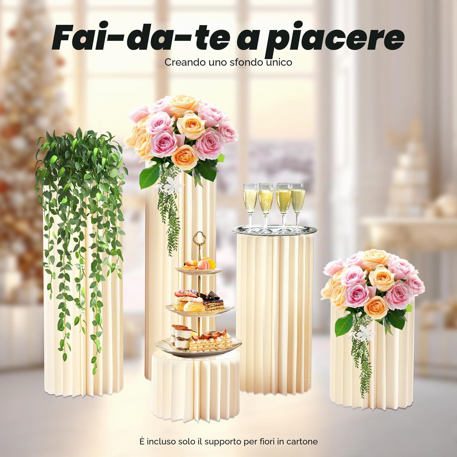5 pezzi di cartone per matrimonio, colonna di fiori, vaso pieghevole in cartone, display a colonna con coperchio in acrilico, supporto per fiori pieghevole, colonna decorativa per matrimonio