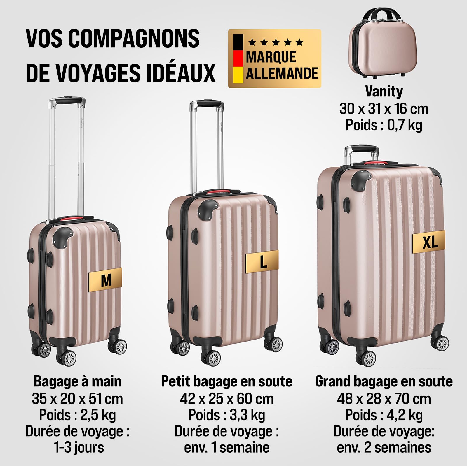 Monzana Set de Valises 4 Pièces avec Vanity-Case M/L/XL Rose Doré | Coque Dure, avec Pèse-Bagages et Cadenas inclus, Bagage de Voyage, Trolley à Roulettes, Poignée Télescopique