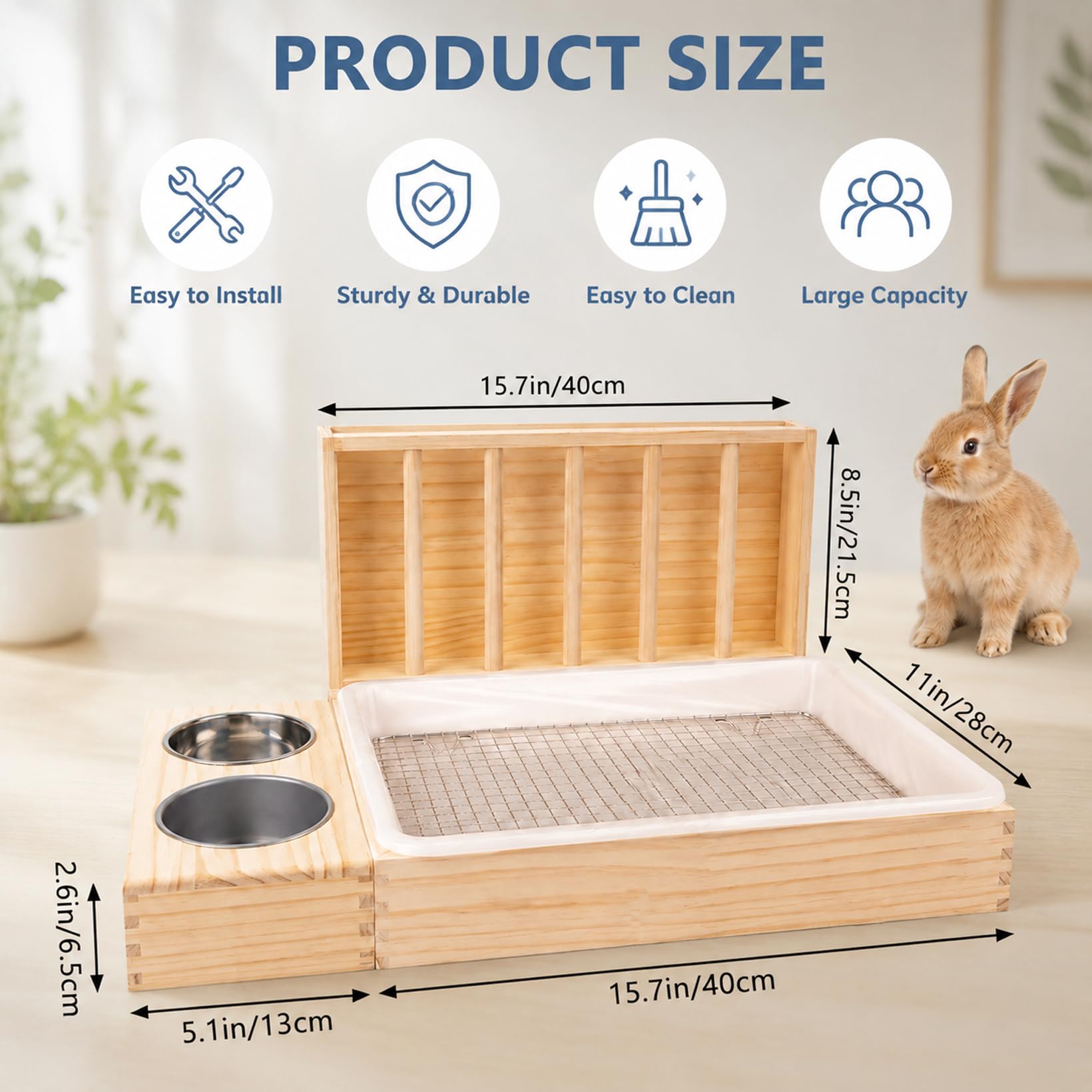 Râtelier à Foin Viridux pour Lapins, râtelier à Foin en Bois 3 en 1 | avec grille en acier inoxydable et outil de nettoyage, distributeur automatique de nourriture