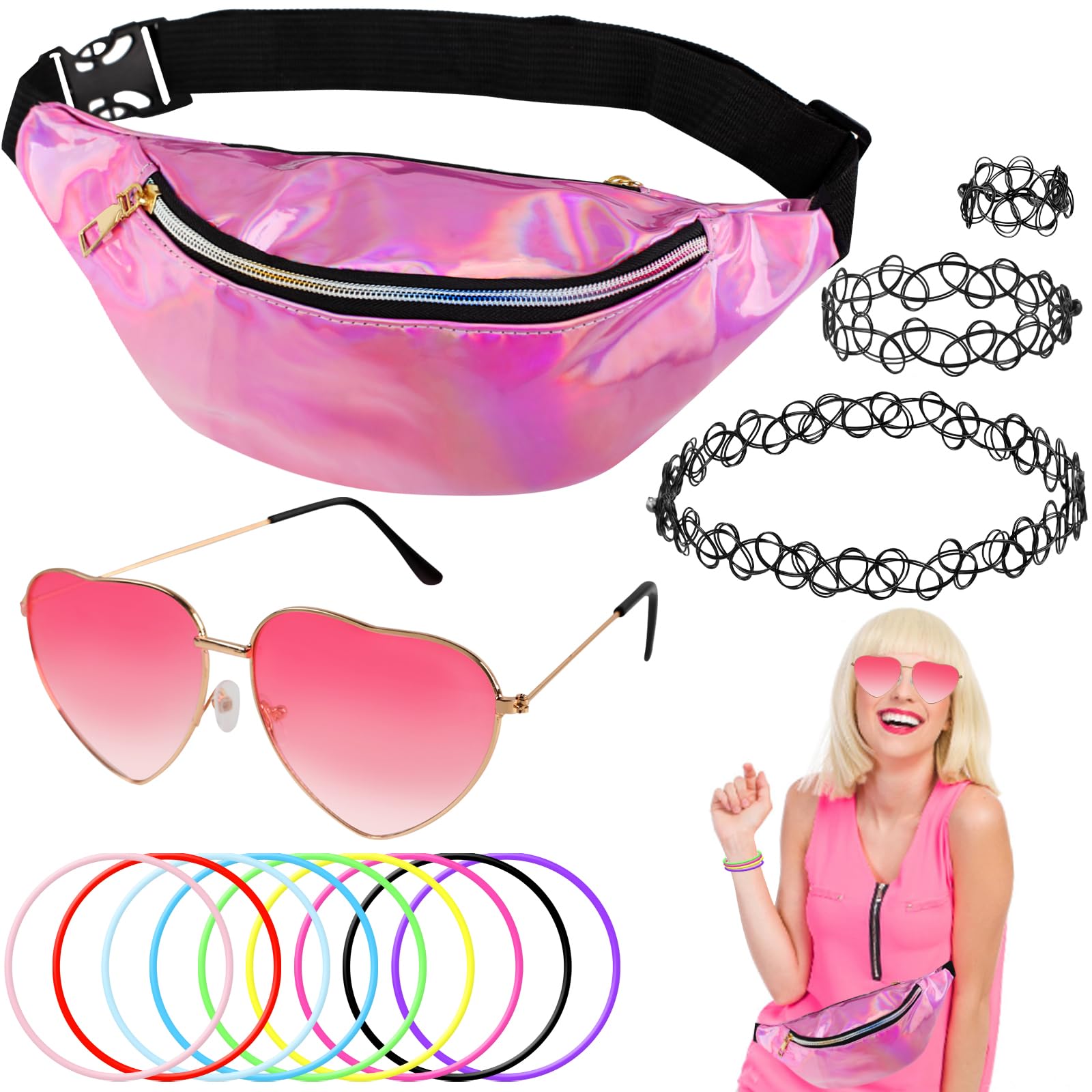 Tikplus 90er Jahre Outfit Damen, 90er Jahre Retro Outfit Accessoires mit Herz Sonnenbrille Rosa, Silber Bauchtasche, Halskette, Women Festival Hippie Accessoires für Neon Mottoparty