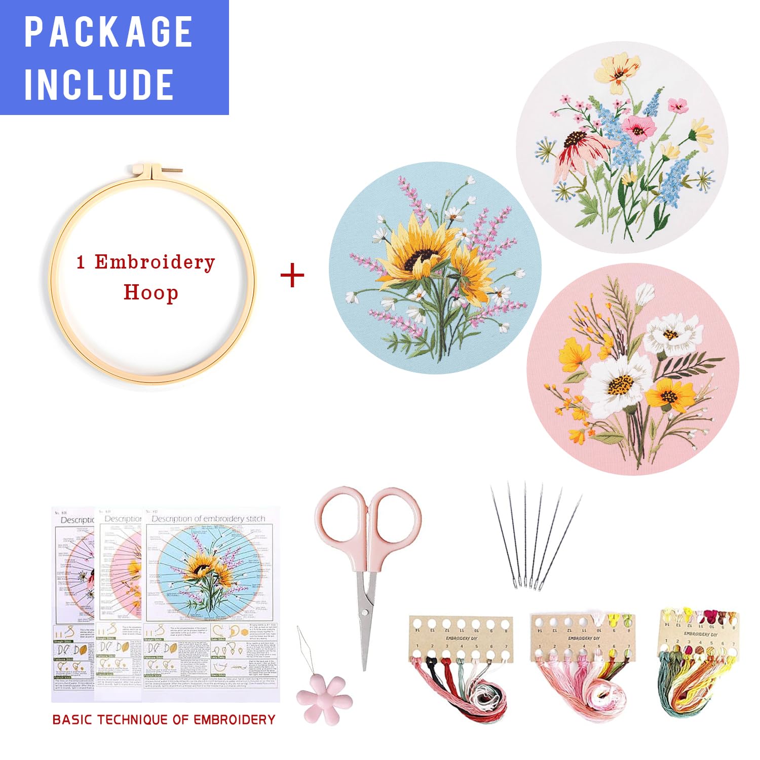 LB Sunflower Floral Embroidery Kit for Beginners Adults, 3 Sets Hand Embroidery Starter Kit with Flower Pattern and Instructions Stamped Cross Stitch Kits Include Embroidery Hoop Needles Threads