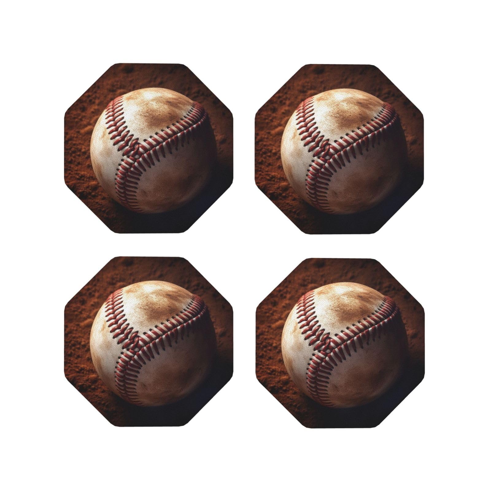 4Pcs PU Leather Coaster for Drinks, Baseball Cup Coastersr 4" Cup Mat Pad, Aesthetic Drink Coasters for Coffee Table, Octagon Coaster for Tabletop Protection