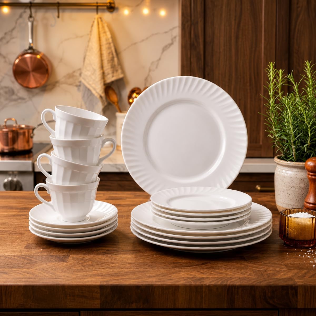 Aparelho Jantar 16 Peças Vidro Opaline Branco Pratos Xícaras Pires Chá Mesa