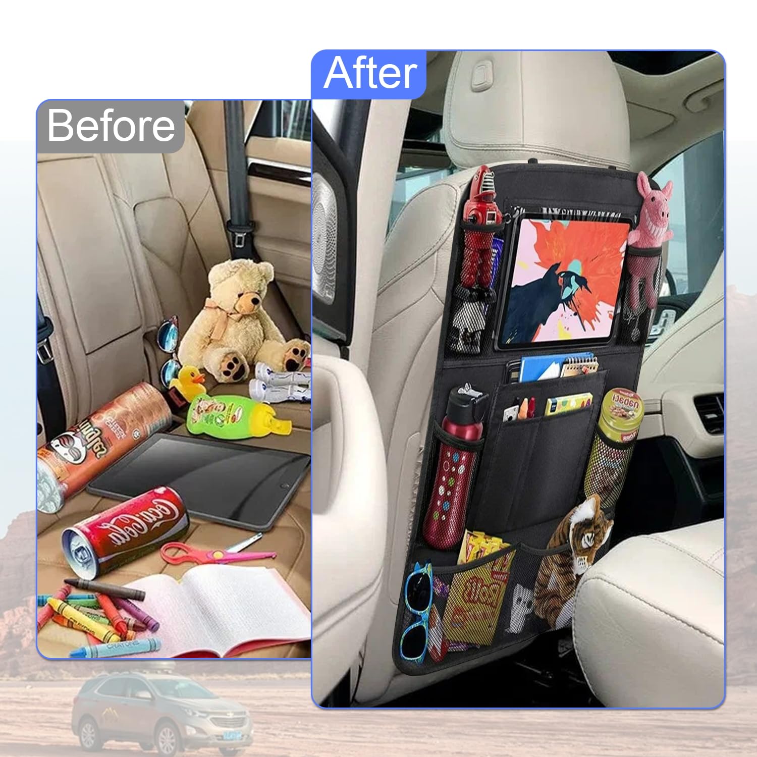 BELOMI Organizer Per Sedile Posteriore Auto - Multitasche, Con Porta Fazzoletti E Ganci, Blu