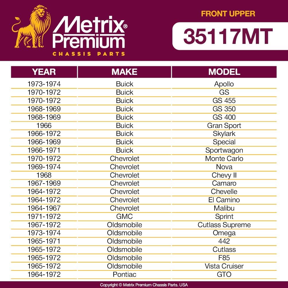 Metrix Premium Chassis Parts - Front Upper Control Arm Shaft Kit Fits 73-74 Buick Apollo, 70-72 GS, 70-72 GS 455, 69-74 Chevrolet Nova, 73 Oldsmobile Omega, 64-70 Pontiac Tempest, K5250 Made in Europe