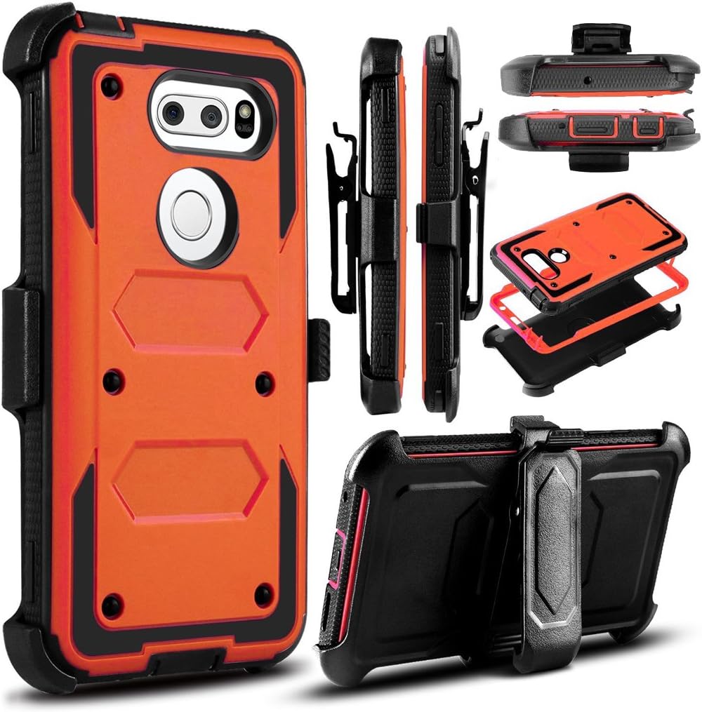 KooJoee Orange Armor Defender Case Compatible with LG V30/LG V30 Plus, Heavy Duty Shockproof[Double Kickstand][Belt Swivel Clip] Full-Body Protection Carrying Case with Built-in Screen Protector