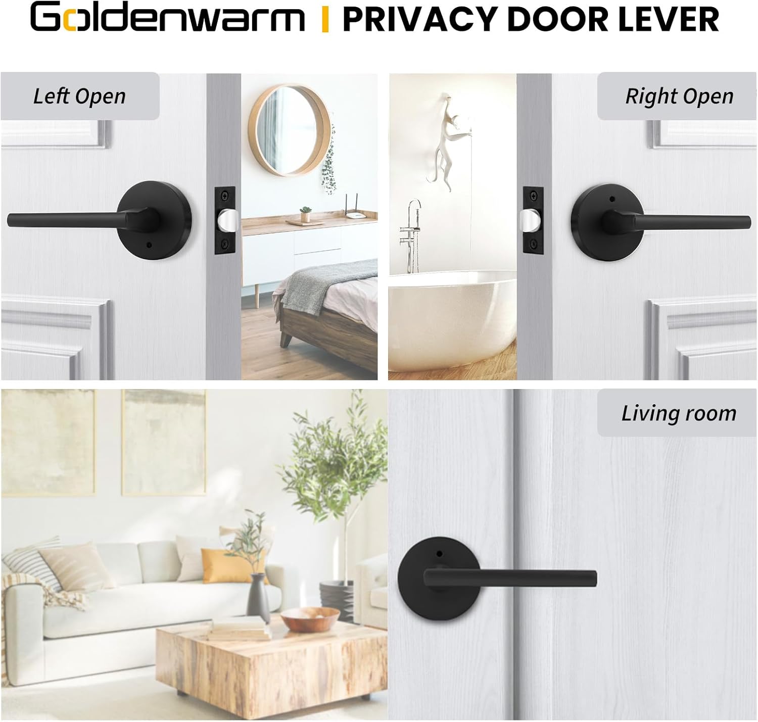 Goldenwarm Black Door Handles Interior, Matte Black Privacy Interior Door Handle, Heavy Duty Zinc Alloy Indoor Door Levers for Bedroom, Bathroom, (5 Pack)