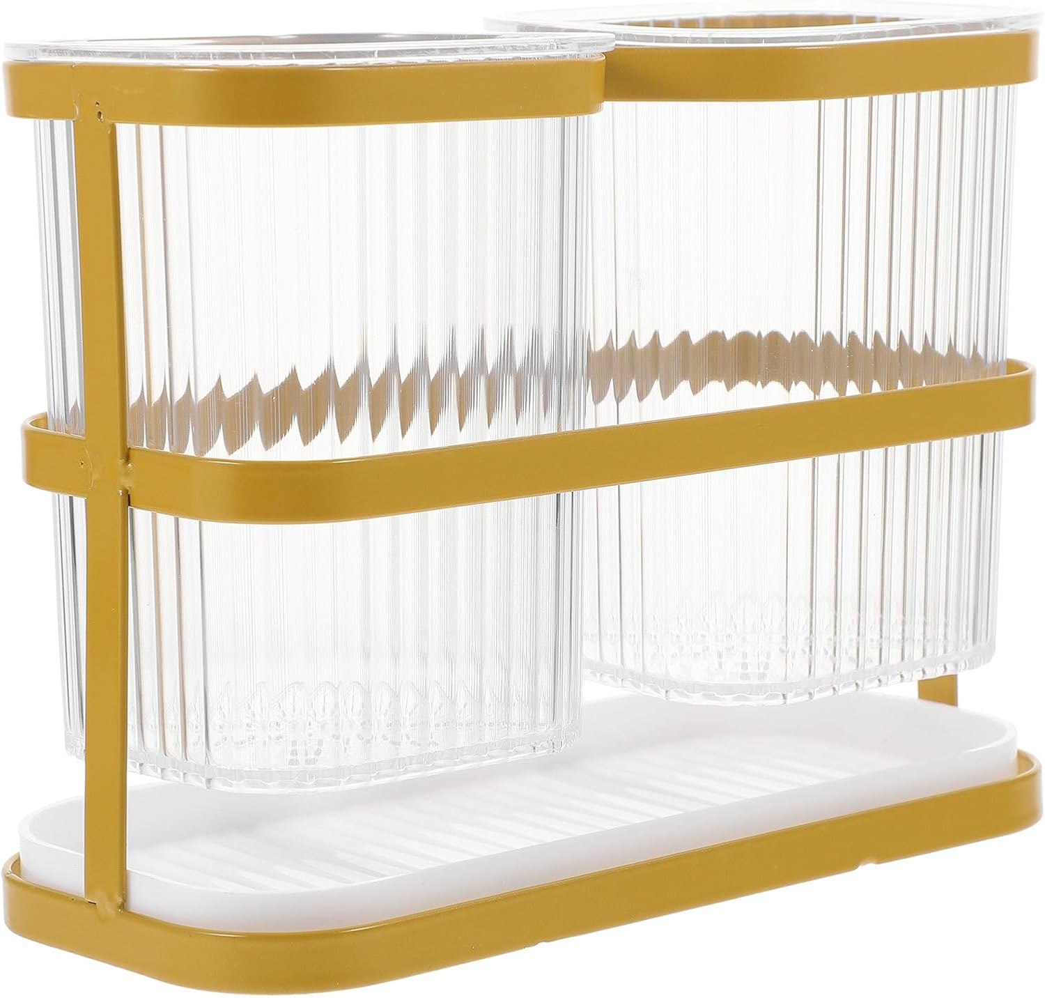 Utensil Holder Double Tub Kitchen Cutlery Drainer Rack with Drainage Basket Reusable Chopstick Case for Home Kitchen Storage and Organization, Green Gold