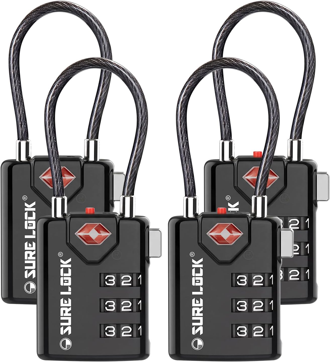 SURE LOCK TSA Approved Combination Luggage Locks with Open Alert Indicator – Durable Zinc Alloy Cable Travel Locks with Large Easy-Read Dials for Suitcases, Backpacks & Gym Bags Black 4 Pack