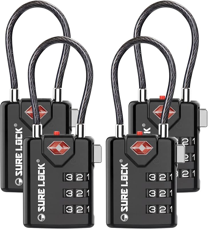 SURE LOCK Candados de equipaje aprobados por la TSA con indicador de alerta abierta de la TSA, candado de viaje con combinación de 3 dígitos para valija, equipaje, mochila, caja de herramientas y bolsa de viaje, negro, 4 candados
