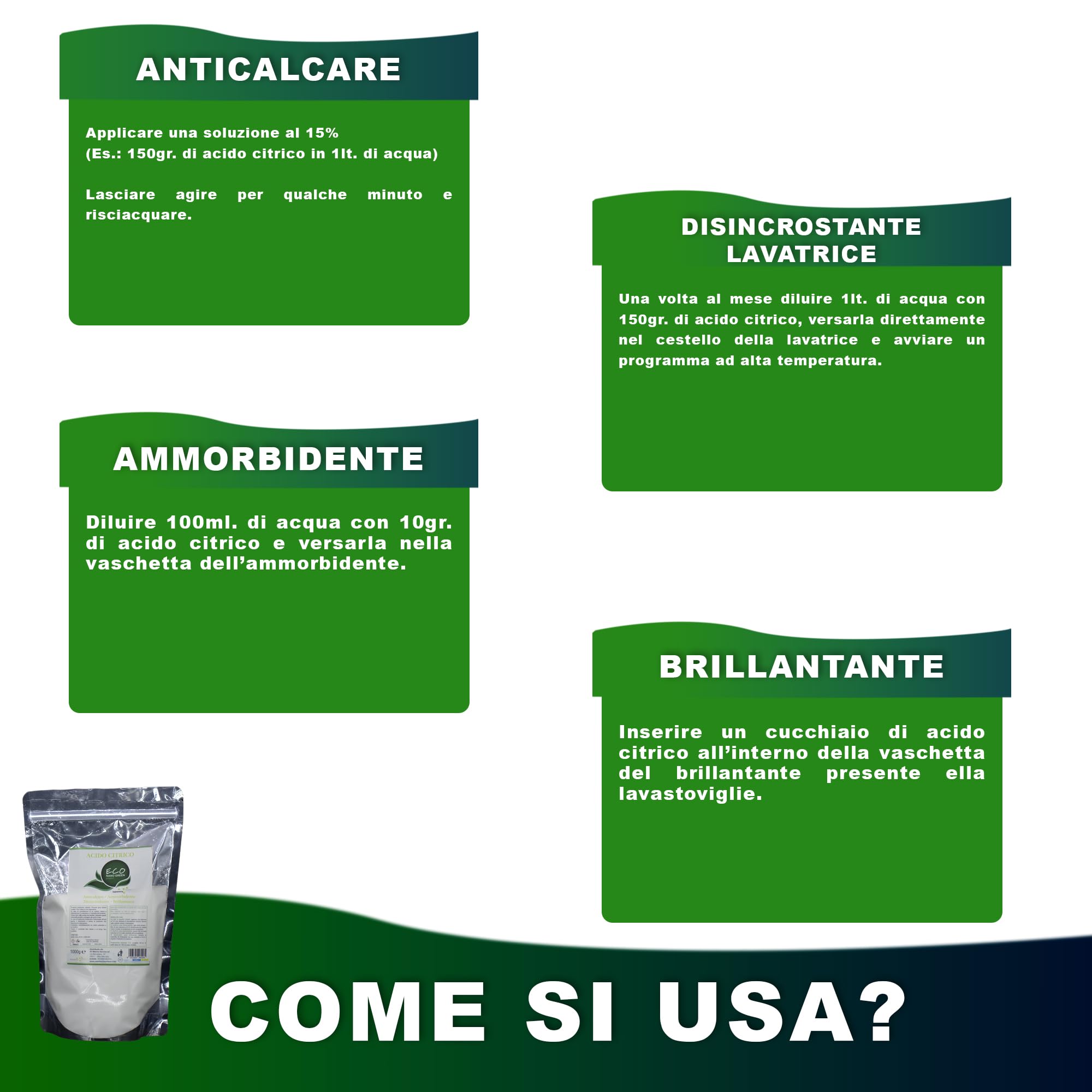 Acido Citrico 500 grammi per lavatrice per pulizia - Cura lavastoviglie decalcificante naturale - con campione gratuito di detersivo multiuso