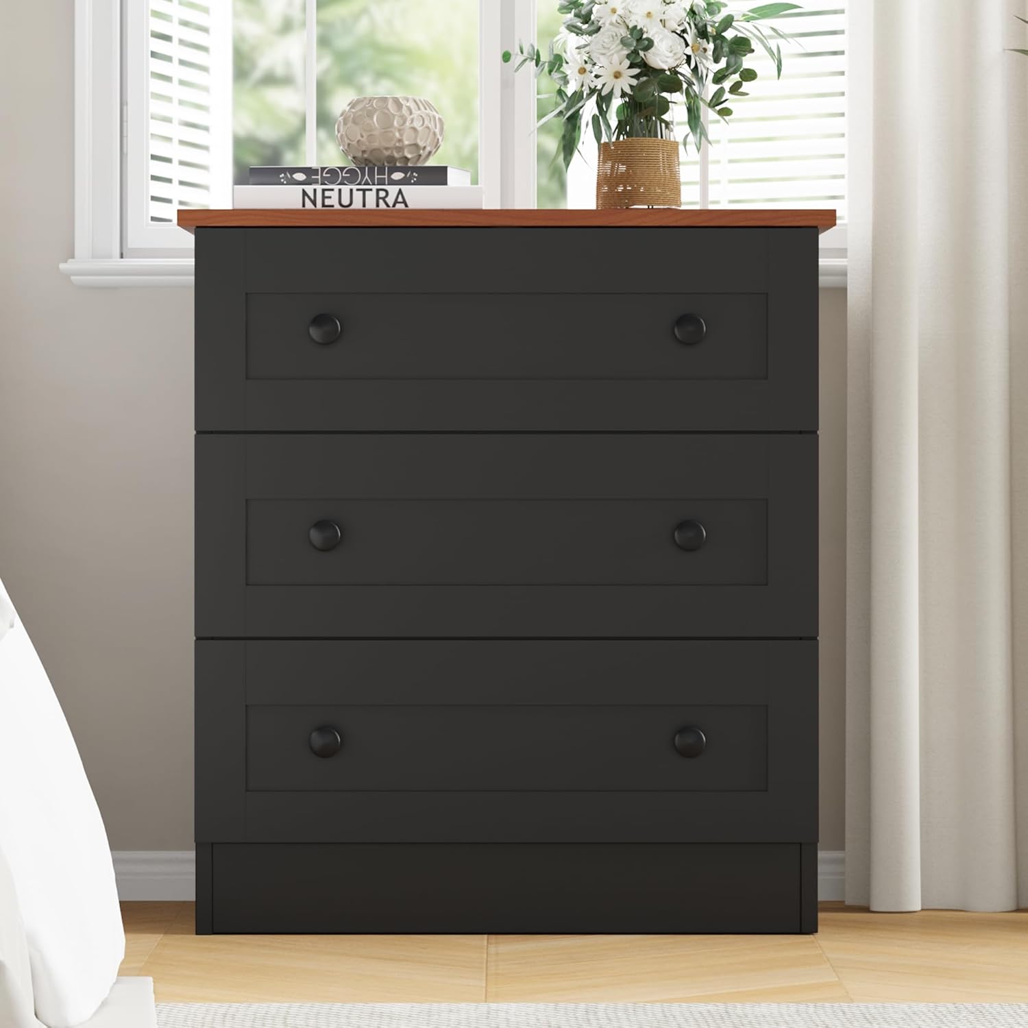 3 Drawer Dresser for Bedroom, Small Chests of Drawers, Farmhouse Wood Nightstand Bedside Cabinet End Table, Modern Closet Storage Organizer for Bedroom, Black