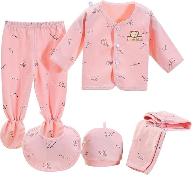 Infant Baby Boy Girl Clothes Outfits 5Pcs Sleepwear Set Long Sleeve Tops+Hat+2Pcs Pants+Bib Clothes Set Gift for 0-3 Months Newborn