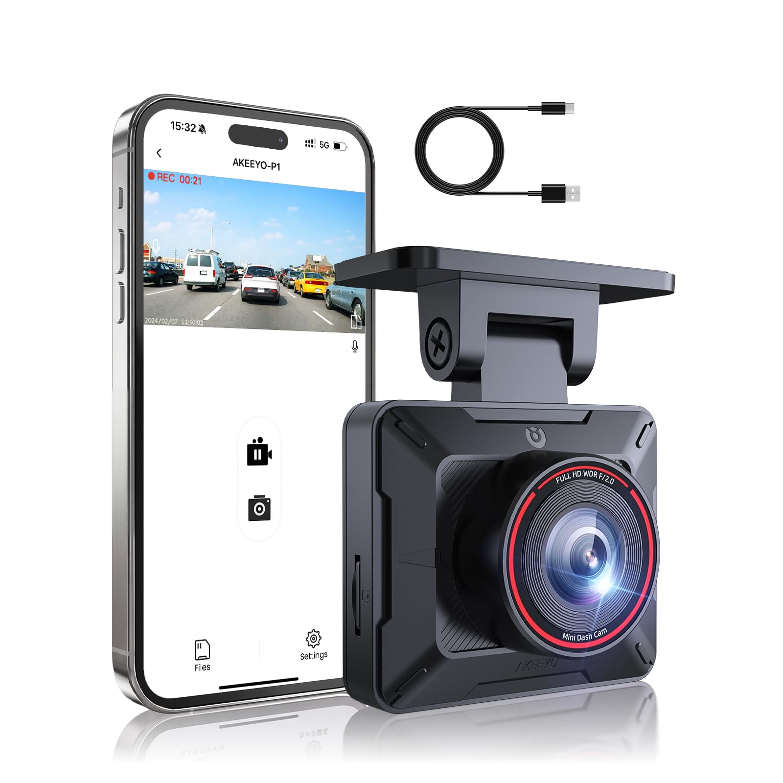 AKEEYO Dashcam WiFi Dash Camera para Coches,1080P Mini Cámara para Coche,140° Ángulo Ancho,Front Dashcam con App, G-Sensores Visión Nocturna, WDR, 24H Modo Aparcamiento,Grabación en Bucle,MAX 256G