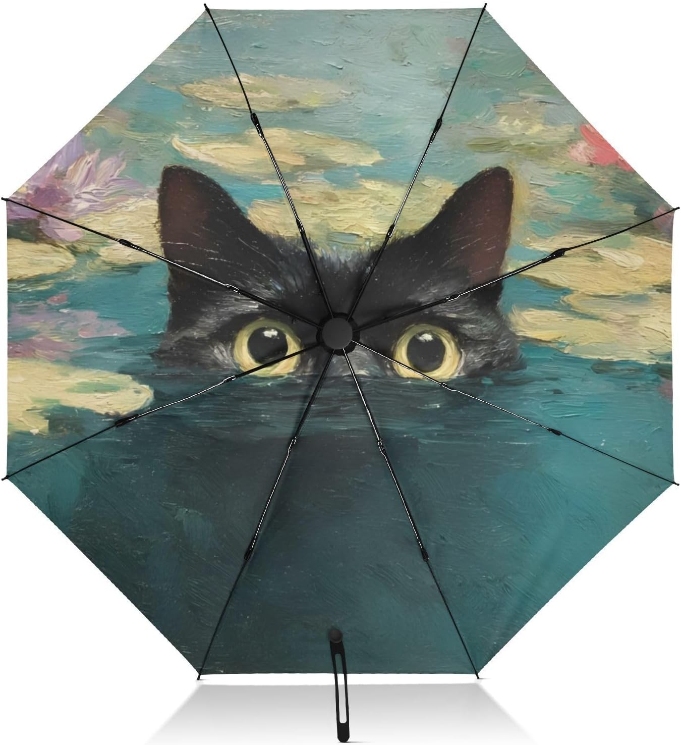 UPF 50+ Large Travel Umbrella Cat Cute Floral Compact for Rain and Sun - One-Click Automatic Open and Close - Windproof Portable 46” Sun Umbrella