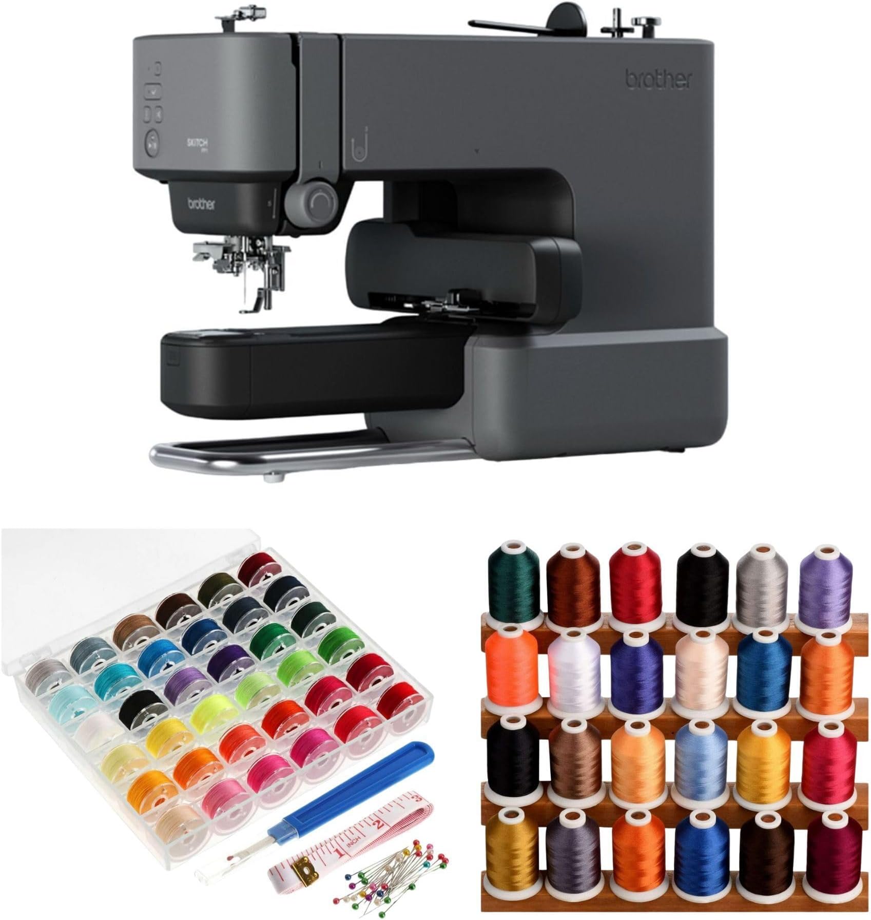 Brother Skitch Embroidery Machine - Precision Single-Needle Stitching with Speed Control Bundle with 24 Assorted Colors Thread, and 36 Pieces Bobbins (3 Items)