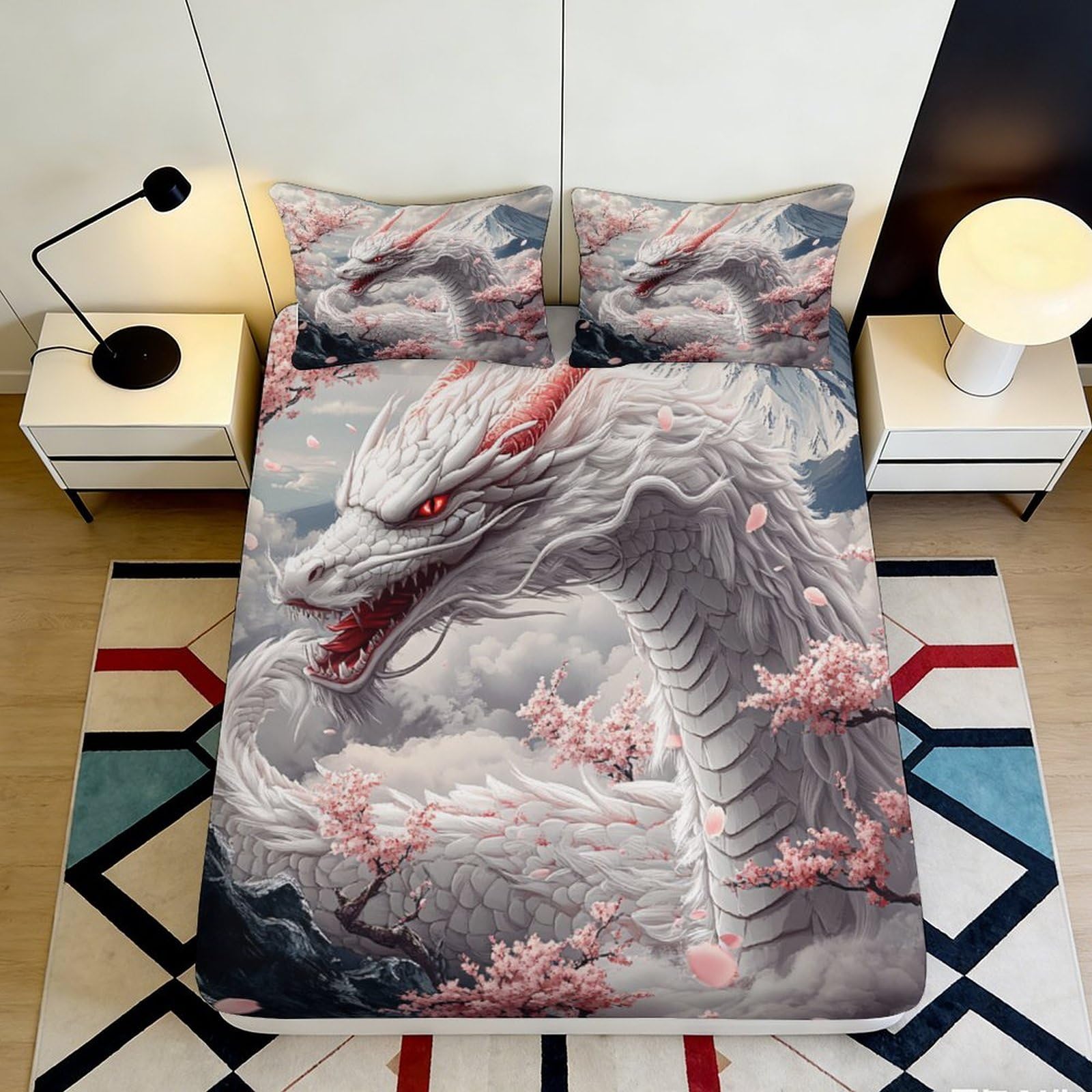 3D Printed White Dragon Fitted Sheet Microfiber Deep Pocket for Bedroom Bedding White Dragon Mattress Fitted Cover Washable 160x200x25cm