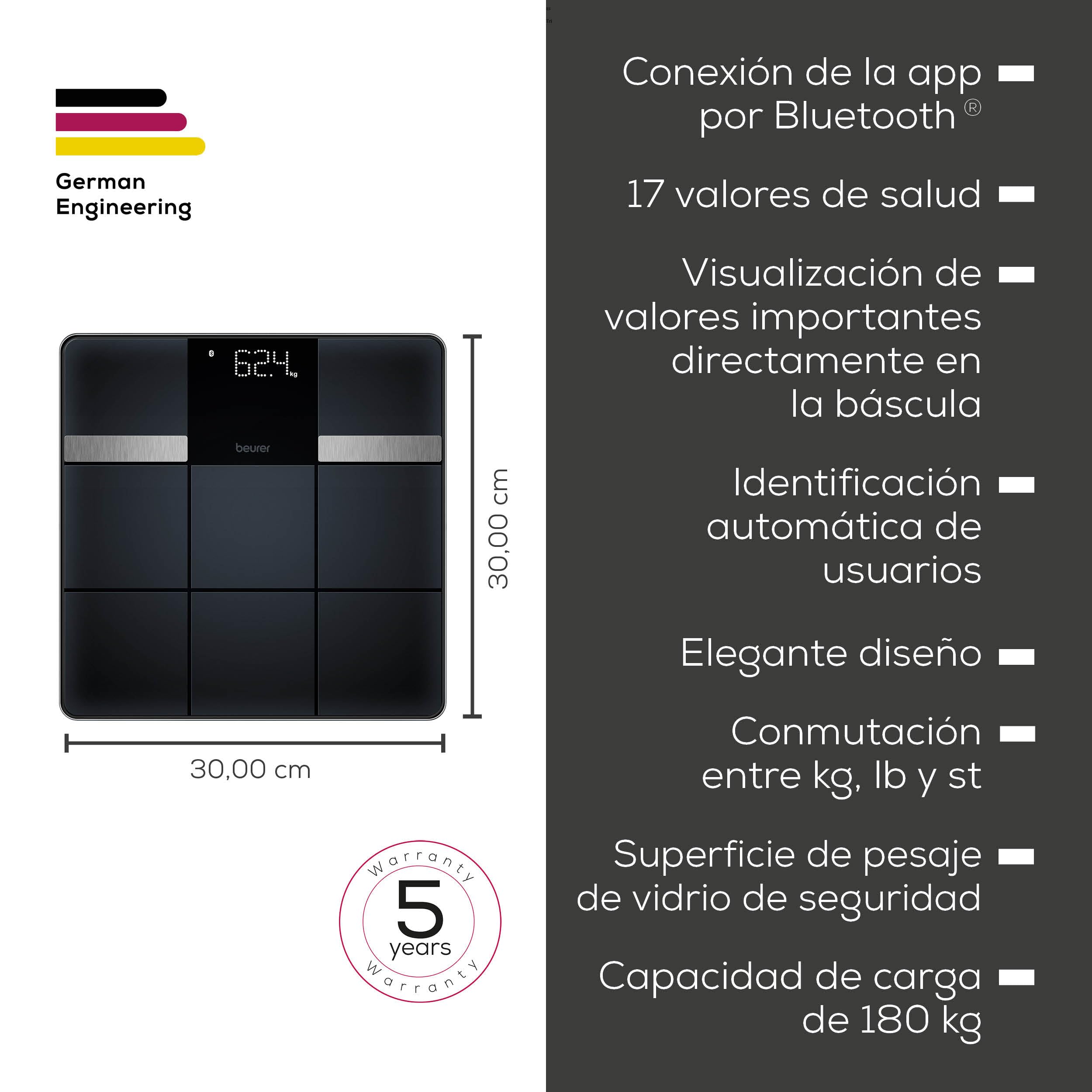 Beurer BF 450 báscula personal con conexión a la aplicación, báscula de grasa corporal digital con 17 valores de medición, estructura de baldosas mate, 8 memorias de usuario, 180 kg