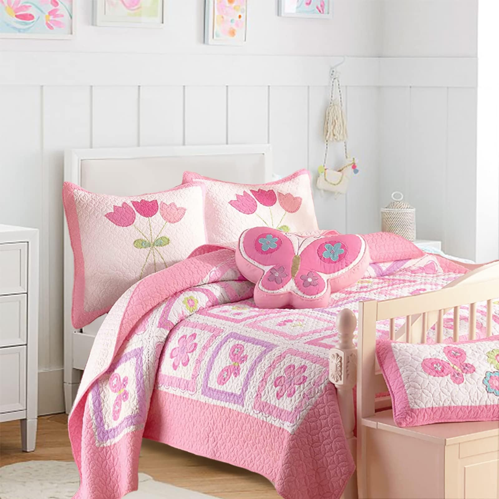 Pink Butterfly Tulip Floral Print Girl 100% Cotton Reversible Quilt Bedding Set, Coverlet, Bedspread (Twin - 4 Piece)