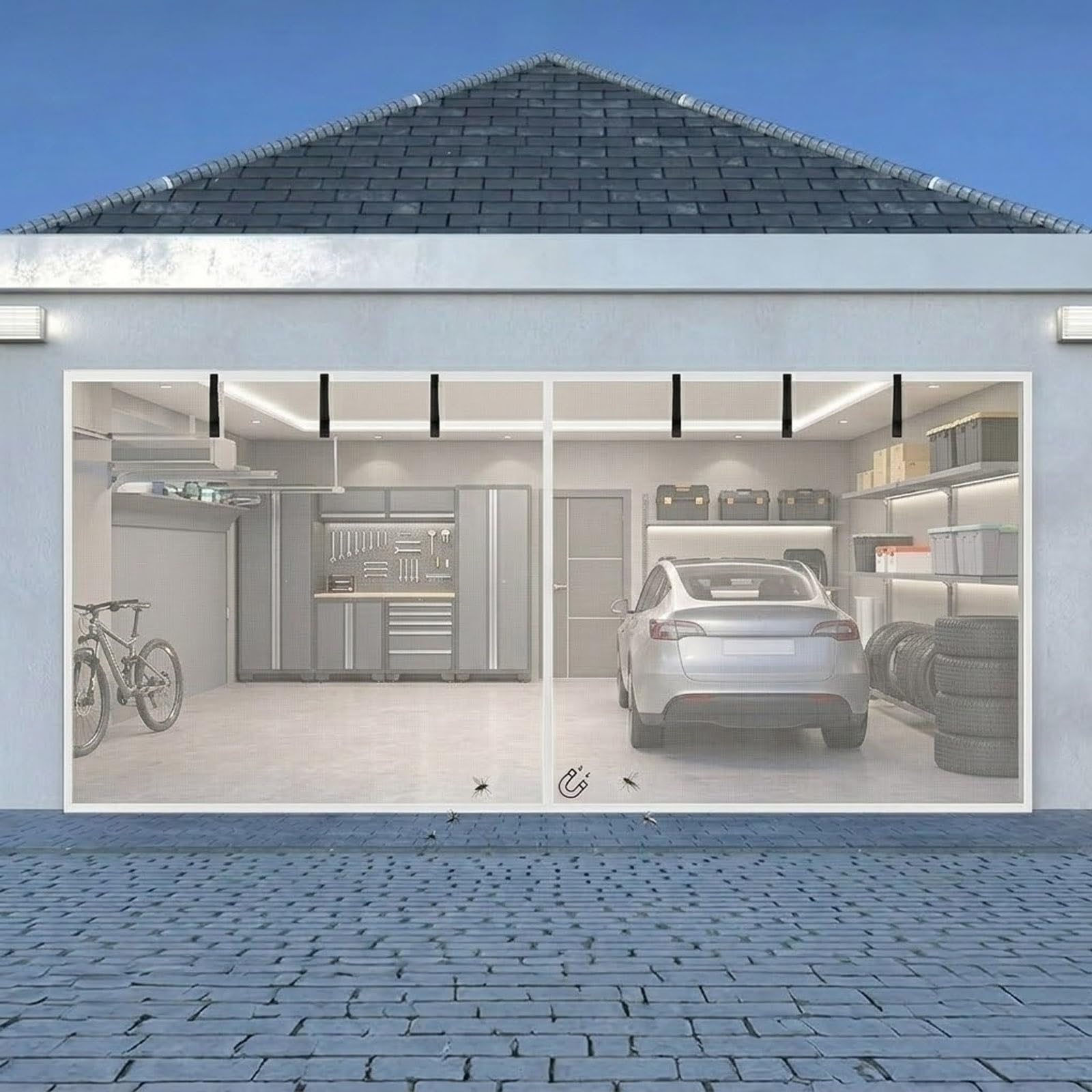 Voirda White Garage Door Screen 240X180cm-470X230cm For 2 Car, Magnetic Anti Mosquito Net Fly Screen, Heavy Duty Weighted Bottom Hands Free Mesh For Cellar Patio Conservatory(,330X270cm(Wxh))