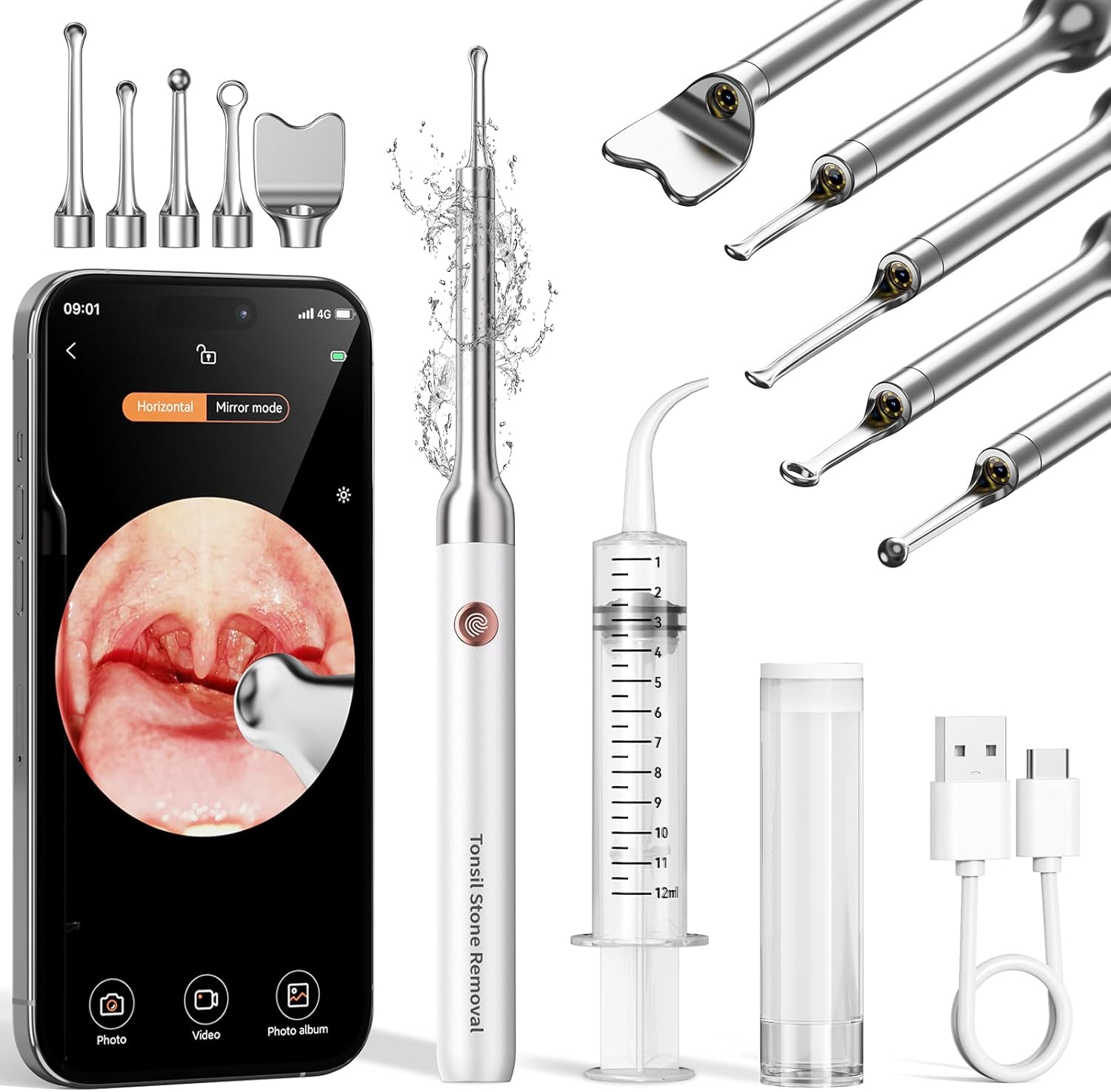 Upgraded Tonsil Stone Remover with Camera, Visual Tonsil Stone Removal Kit with 6 LED Light, Tonsil Stone Removal Tool Camera with 1080P, 5 Head Attachments, for iOS & Android (White)