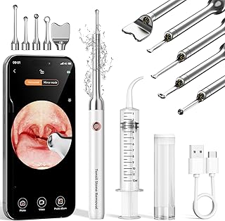 2025 Upgraded Tonsil Stone Remover with Camera, Visual Tonsil Stone Removal Kit with 6 LED Light, Tonsil Stone Removal Tool Camera with 1080P, 5 Head Attachments, for iOS & Android (White)