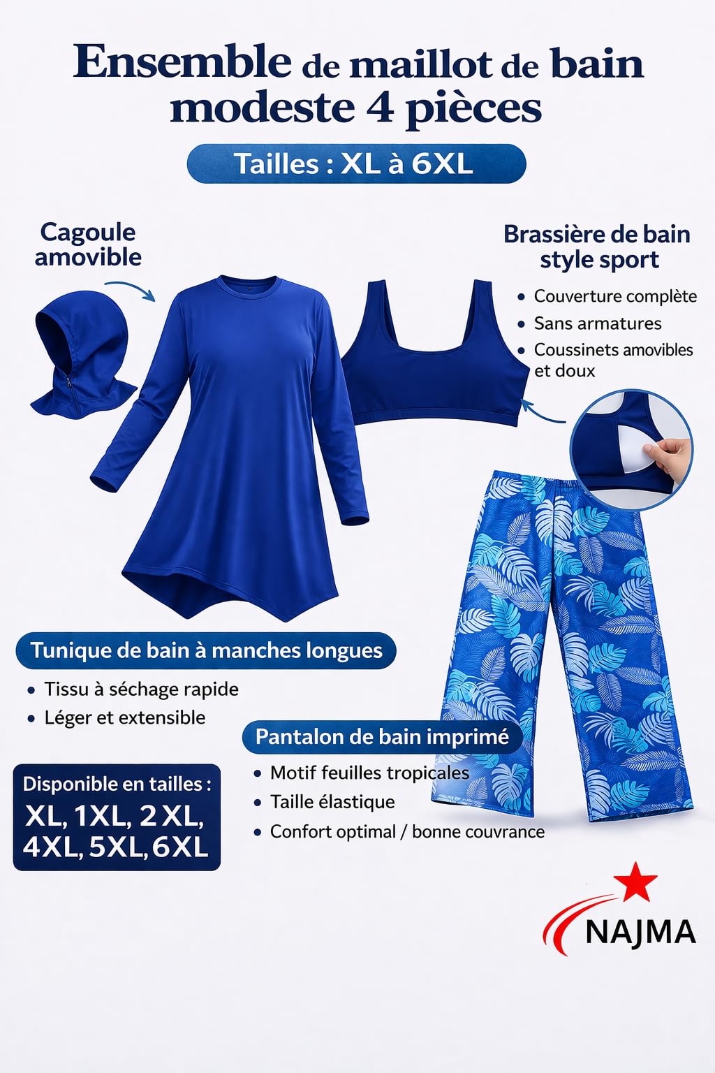 Burkini Femme Grande Taille – Maillot de Bain Modeste 4 Pièces avec Hijab – Tenue de Bain Islamique Haut Long Pantalon Large