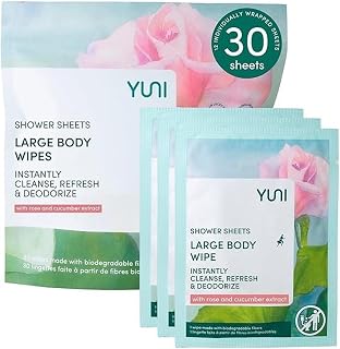 YUNI Beauty Large Body Wipes (Rose Cucumber, 30 Count) 12 x 10 Inches | Extra Soft Biodegradable Rinse-Free Body Wipes - Individually Wrapped for Travel, Gym, Self-care, Camping & Outdoor Use