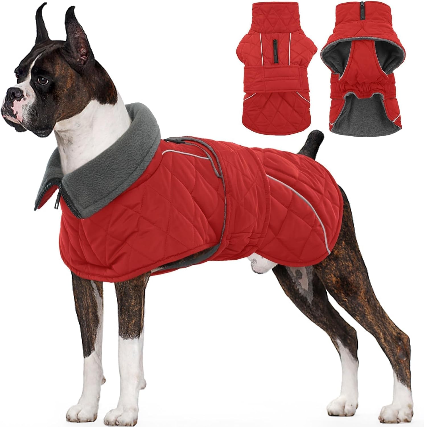 Kuoser Extra Warm Dog Coat, Windproof Cold Weather Dog Jackets for Large Dogs, Thick Fleece Lining Pet Turtleneck Snowsuit Reflective Adjustable Puppy Winter Coat Doggie Snow Jacket Red, XL