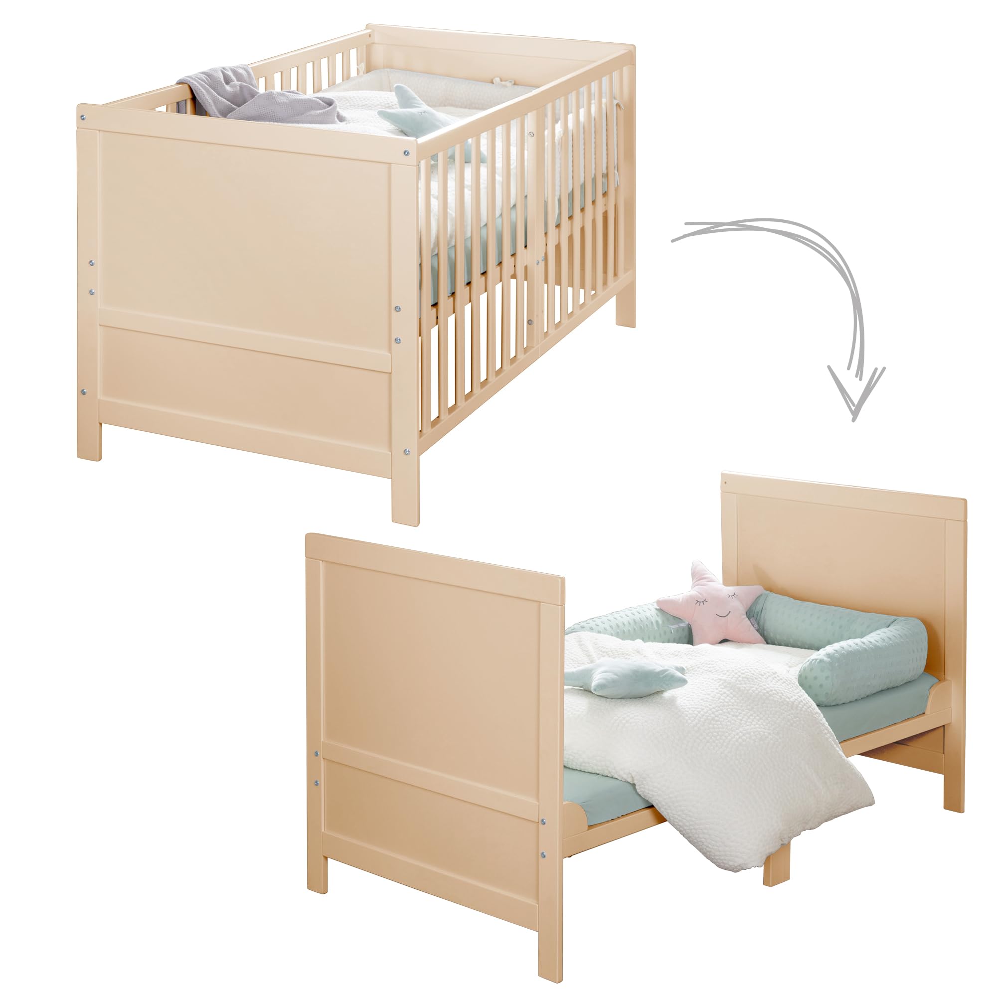 roba łóżeczko dziecięce EASY SLEEP 70 x 140 cm w zestawie z elementami do przebudowy - rosnące łóżeczko ze szczebelkami, 3-stopniowa regulacja wysokości - 3 wyjmowane szczebelki - drewno naturalne