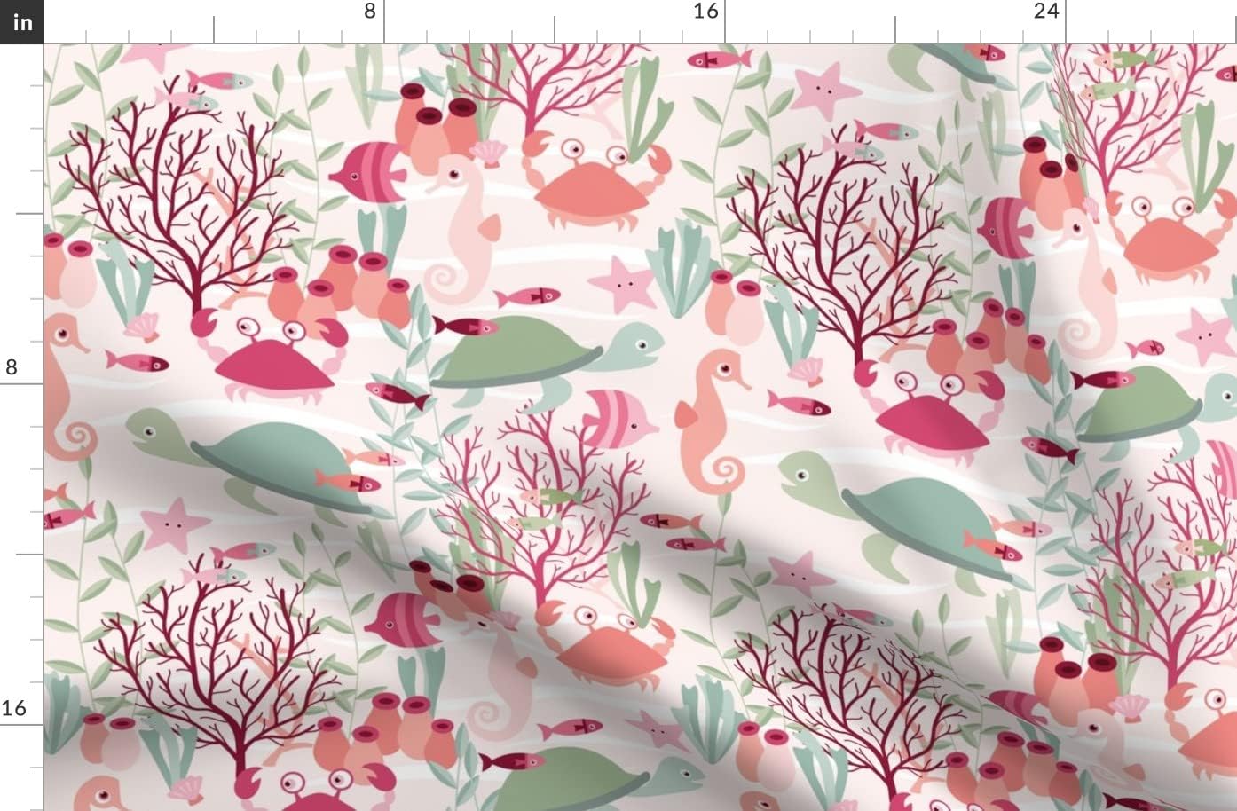 Spoonflower Fabric - Life Reef Animals Sea Ocean Turtle Seahorse Aquatic Crab Girl Printed on Organic Cotton Sateen Fabric by The Yard - Sewing Quilting Apparel Home Decor