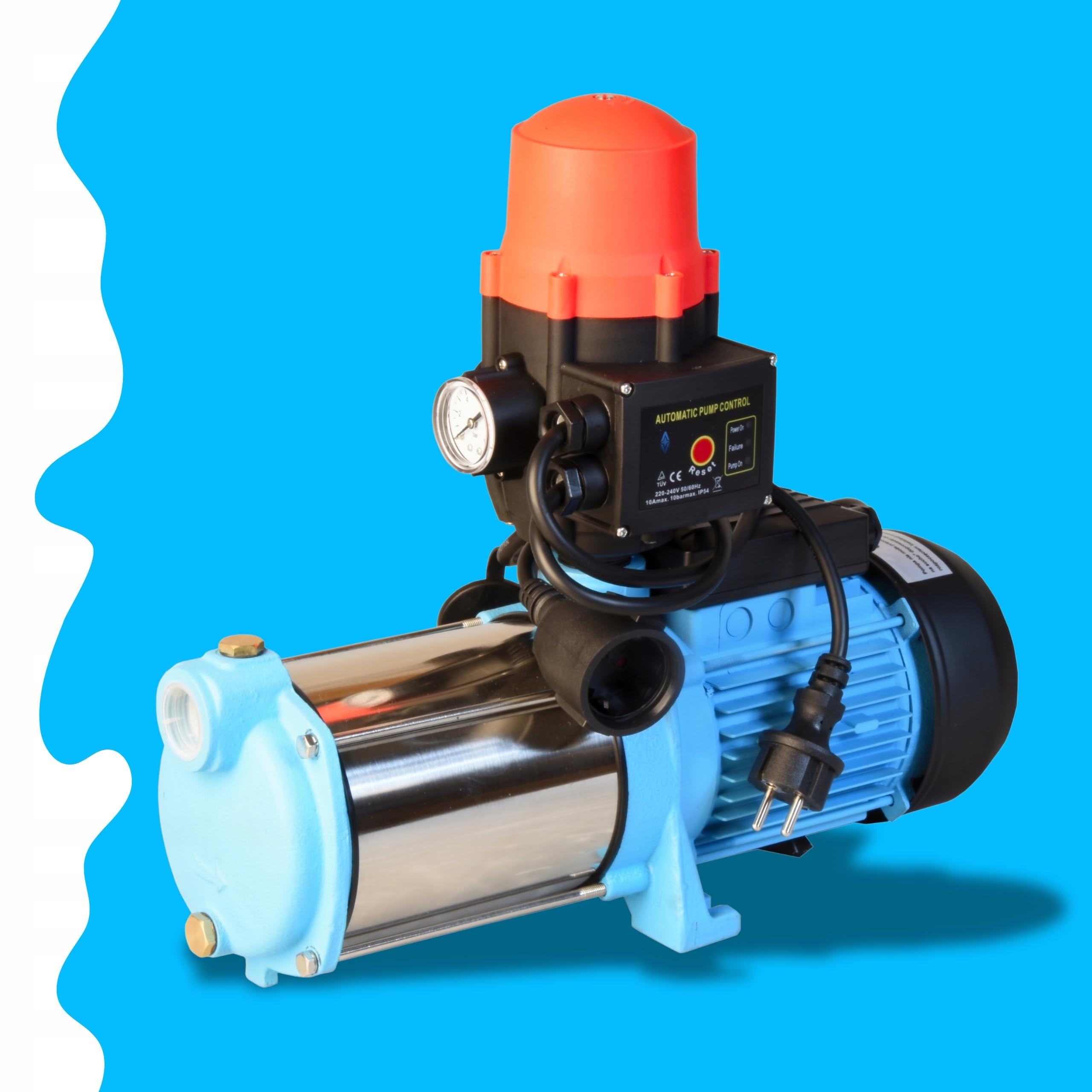 Wasserpumpe MAX-H 1300 mit Elektronische Druckschalter BRIO - Pumpensteuerung - Gartenpumpe (1300 W, 6000 l/h, Förderhöhe 55m) - Gußeisen Edelstahl INOX - Einschaltdruck einstellbar Trockenlaufschutz
