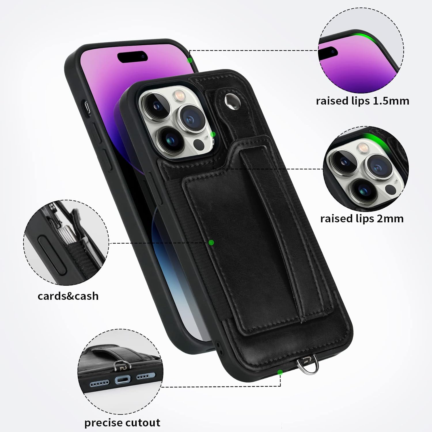 TOOVREN Wallet Case for iPhone 14 Pro Max with Card Holder Lanyard Phone Cover fits iPhone 14 Pro Max Case with Wallet Strap Stand Leather Kickstand for Women & Men 6.7 Inch Black - Image 9