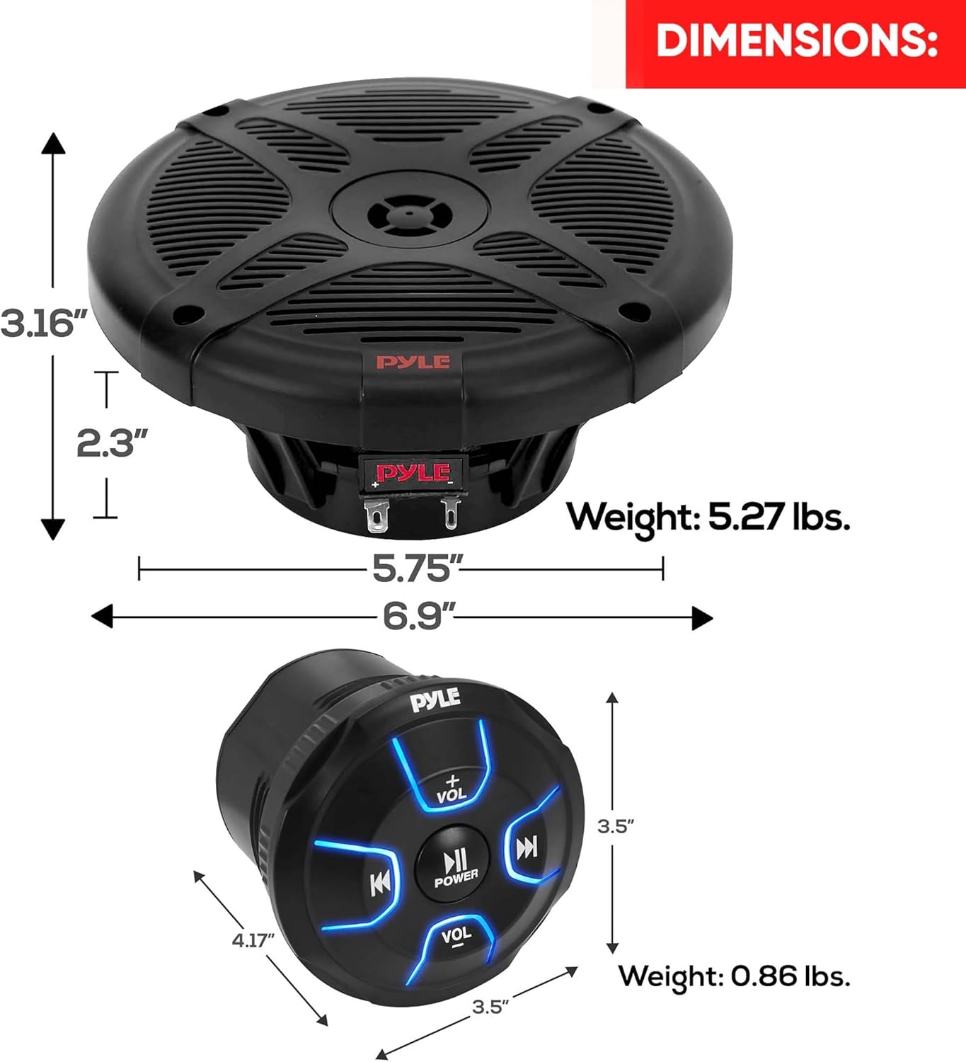 Pyle 6.5'' Dual Marine Speakers Kit - Waterproof-Rated w/Amplified Bluetooth Remote Control Receiver for Powersport Vehicles, IP65 Marine Grade Rating, 600 Watt Max Power PLMRKT8, Black - Image 4
