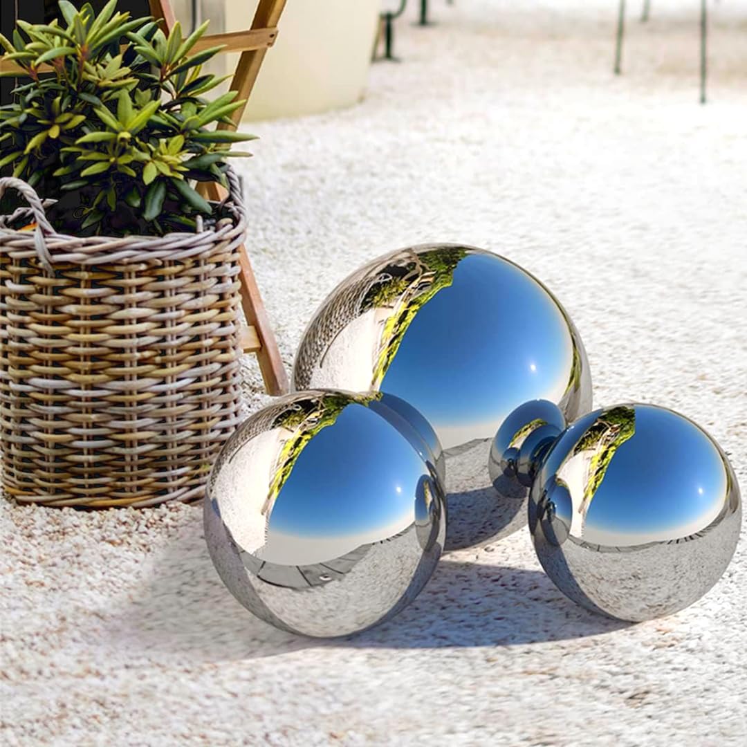 AJ Stainless Steel Gazing Globe Set, Reflective Mirror Balls, 20cm, 25cm, 28cm, Polished Finish, for Ponds, Patios, and Lawns, 3 Pieces