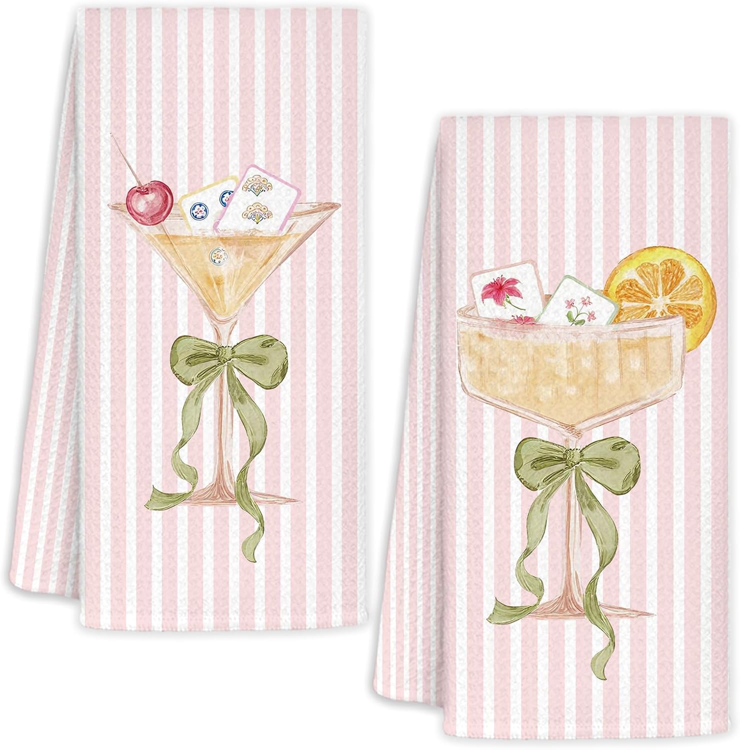 Pink Coquette Mahjong Martini Kitchen Towels, Mahjong Lovers Gifts Dish Tea Towel for Kitchen Bar Cart, Gifts for Cocktail Martini Lovers, Bar Towels for Bartender, 16x24 Inch Set of 2
