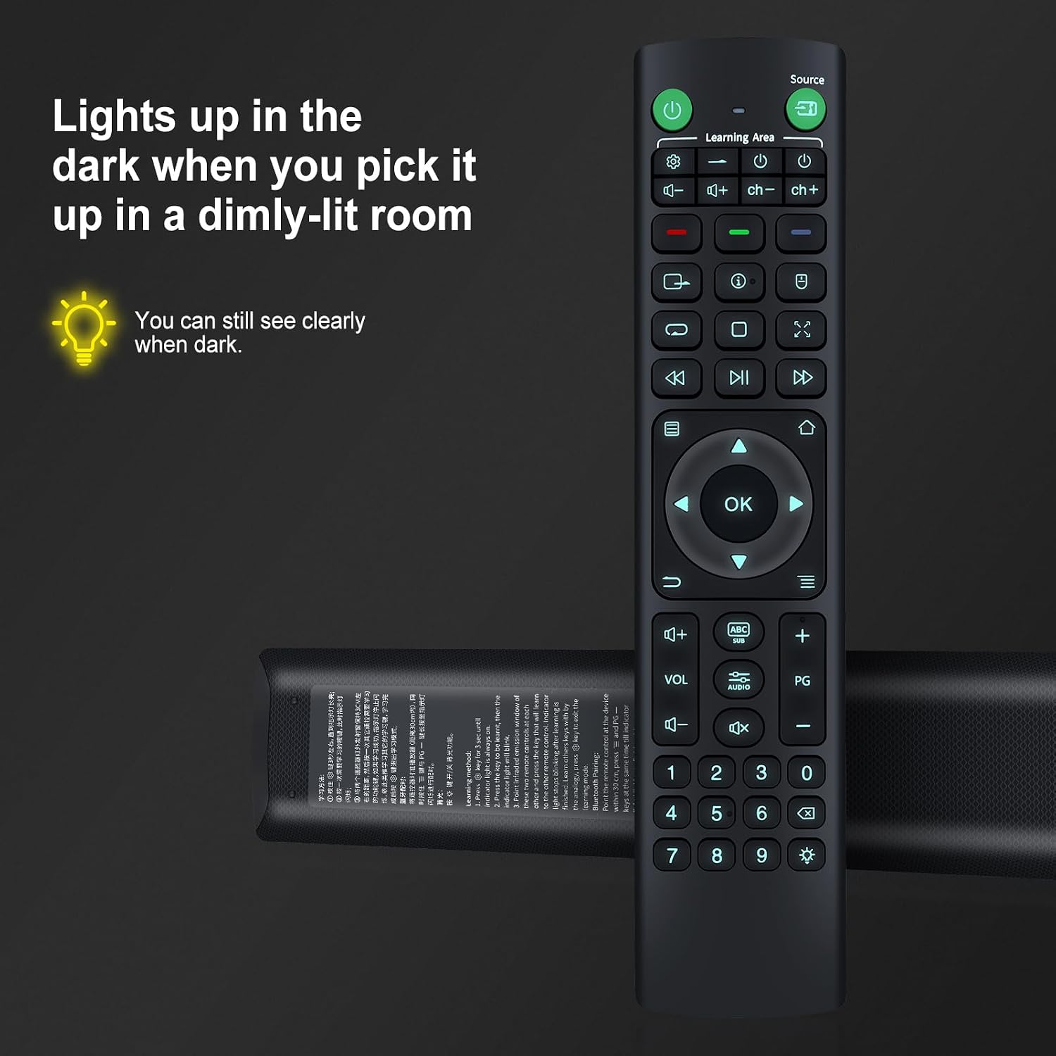 RETROSUN V12 remote control with backlit keys illuminated in a dark setting, demonstrating visibility in low light.