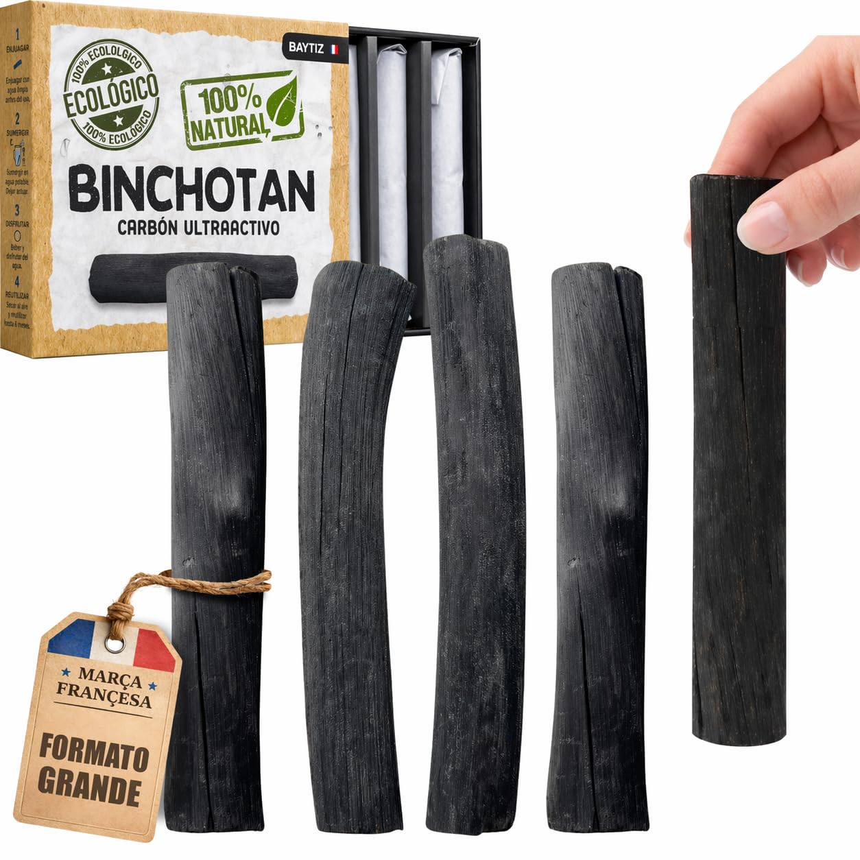 Baytiz ® Filtro de Agua de Carbón Activo - x5 Binchotan Bio - Purificador de Agua del Grifo - Activado Madera Garrafa Cristal Filtros Mesa Carbono Jarra Cartucho Activado Bambu Filter Black Cartuchos